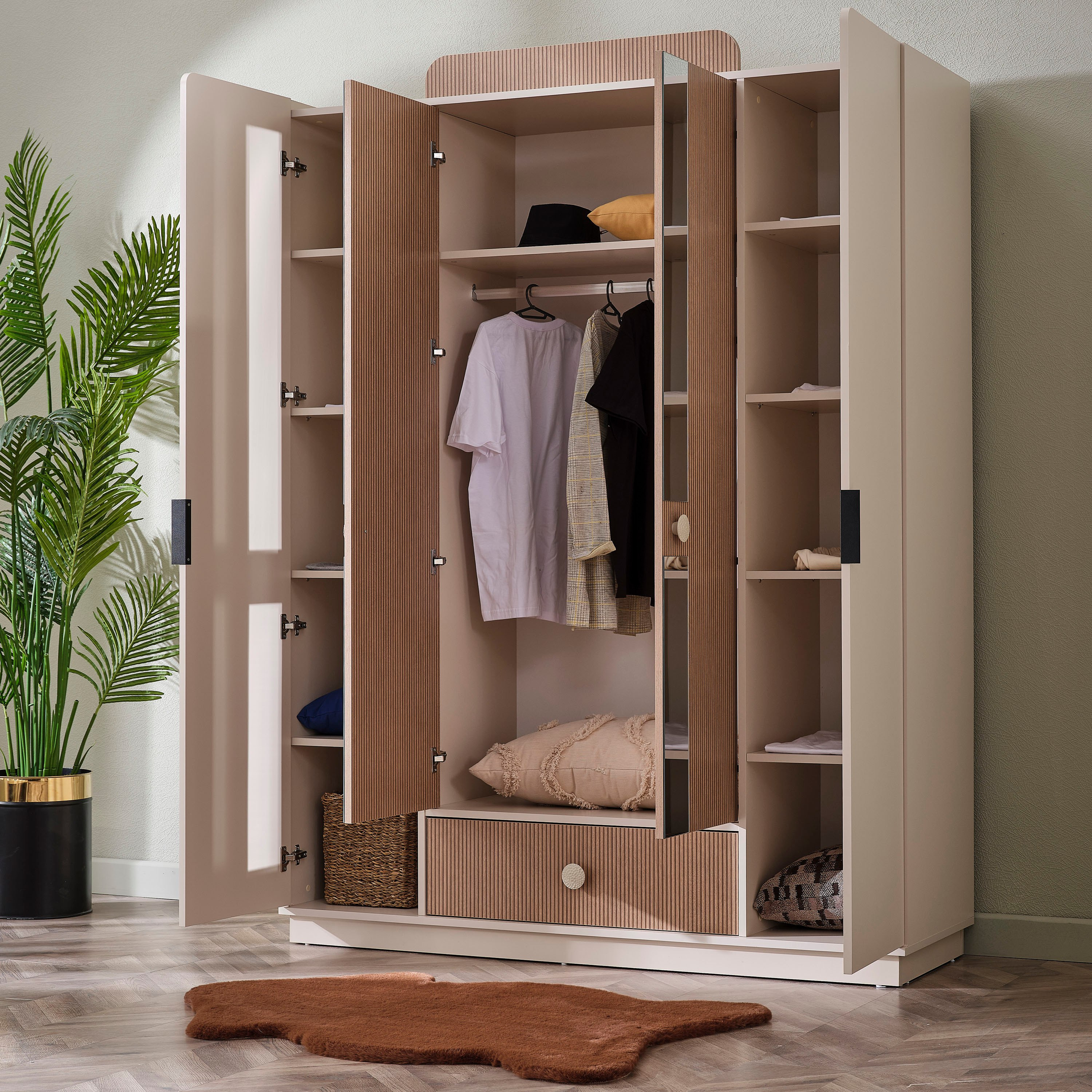 Kingslay 4-Door Wardrobe with 1 Drawer and 2 Mirrors-hbxfurniture-wardrobes-image-5