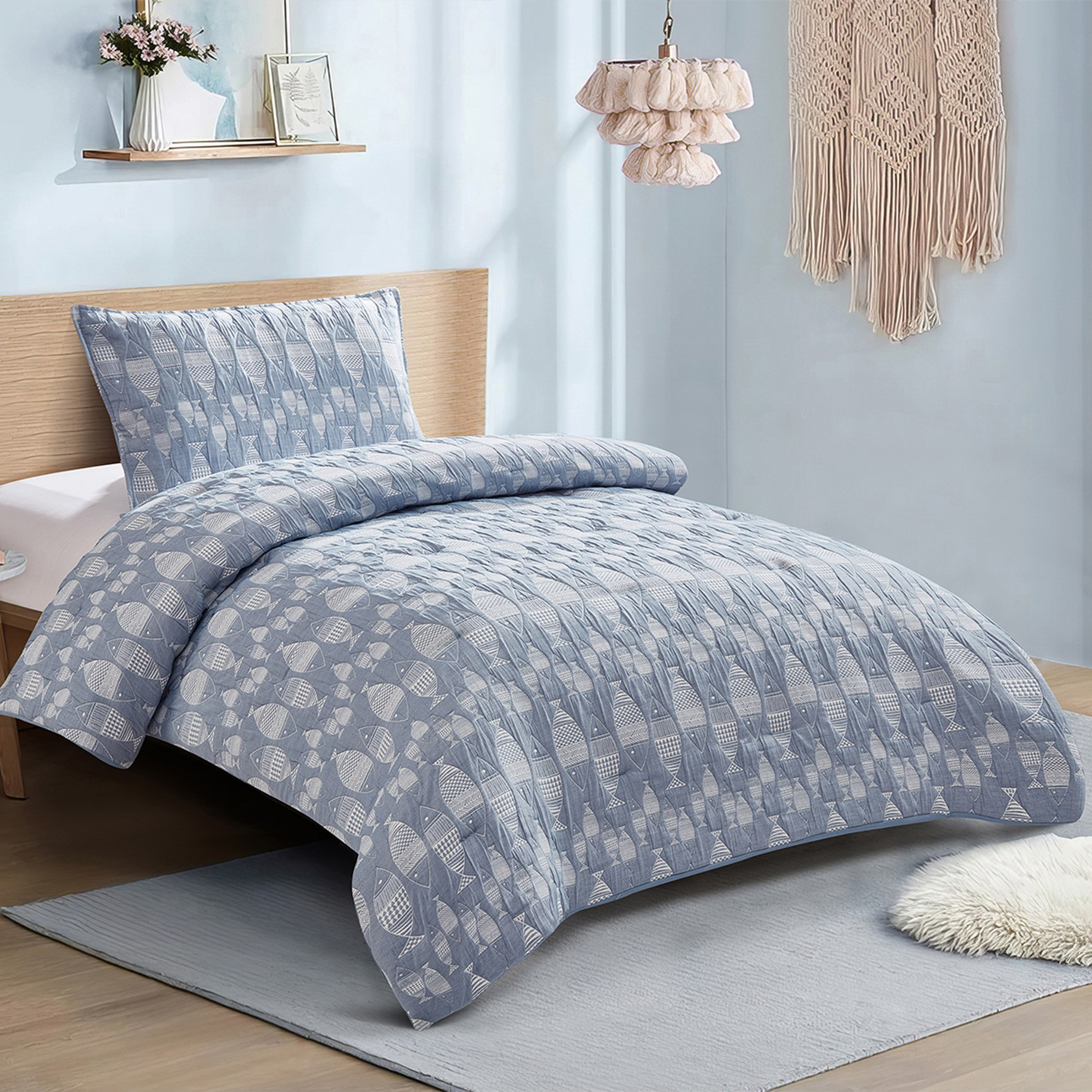 طقم لحاف فردي قطعتين بتصميم أسماك من سي وورلد - 135x220 سم-hbxhomeware-hbxbedroom-image-1