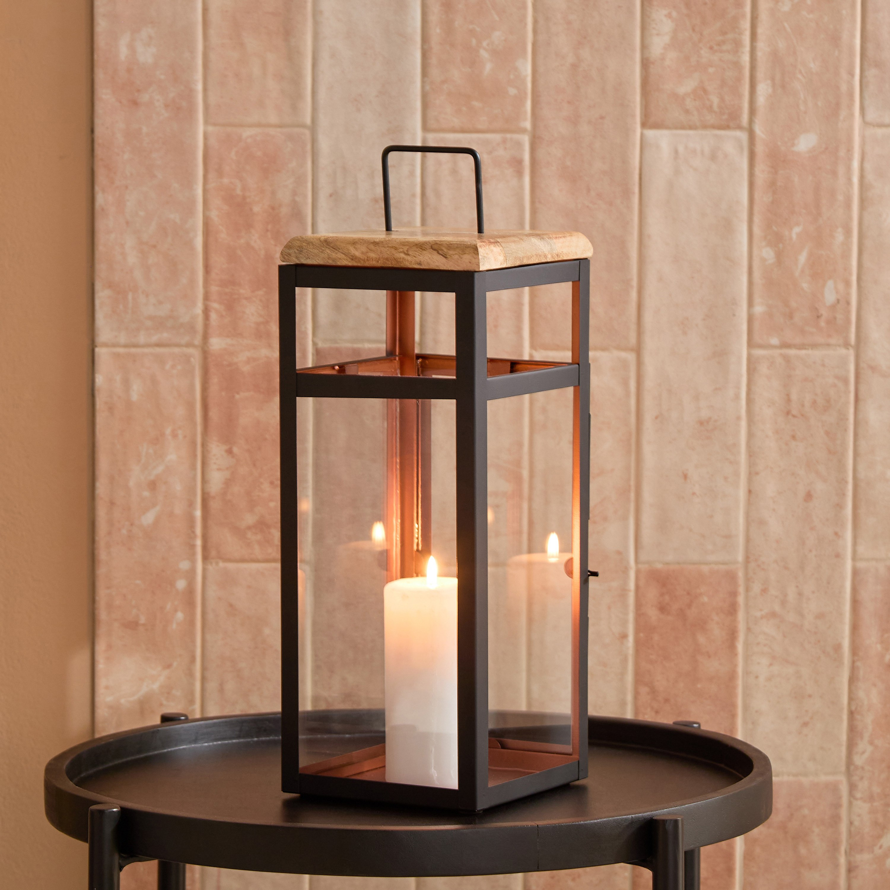 Brompton Modern Lantern with Metal Beading and Natural Wood Lid - 14x14x36 cm-hbxdecorandfurnishings-homeaccessories-lanterns-image-1