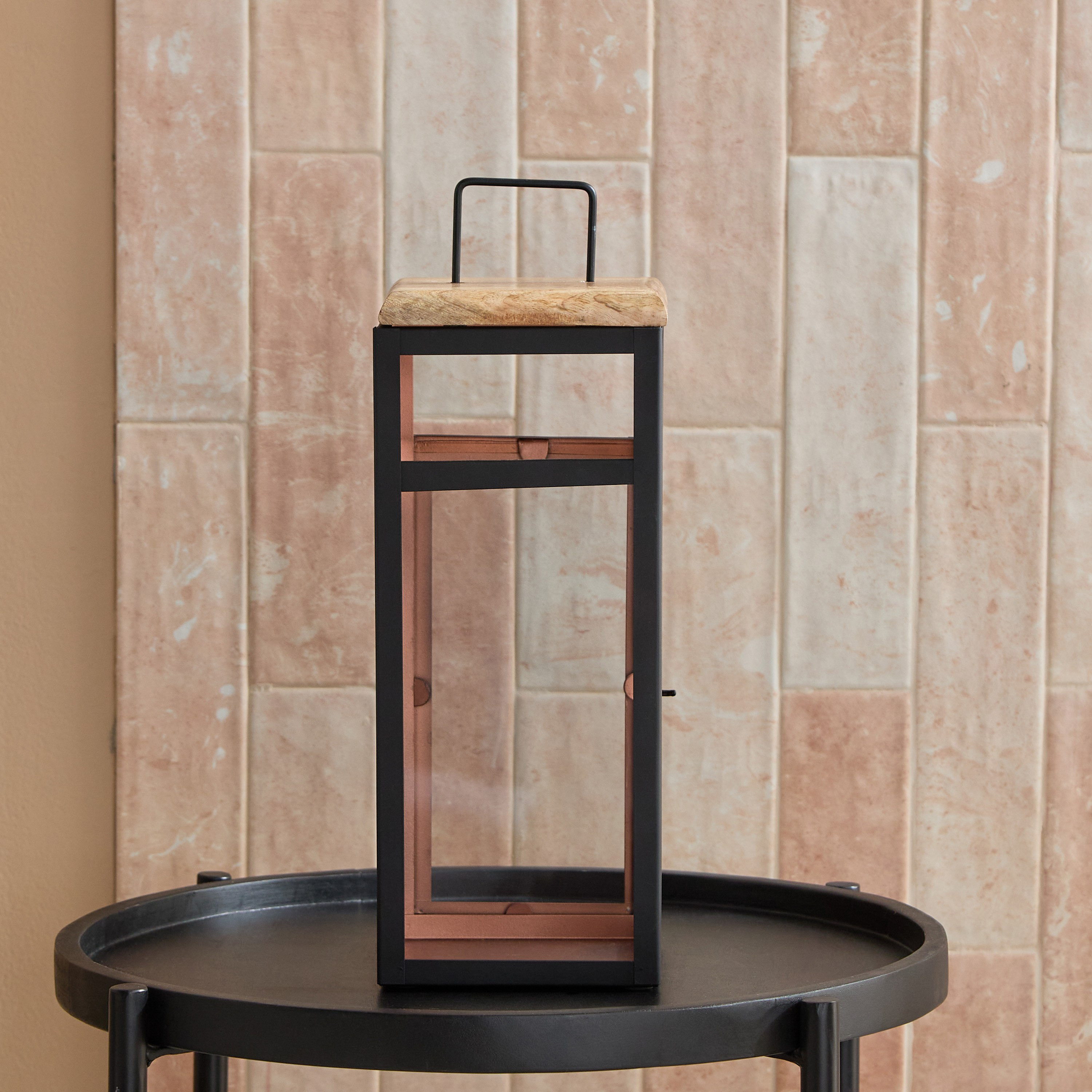 Brompton Modern Lantern with Metal Beading and Natural Wood Lid - 14x14x36 cm-hbxdecorandfurnishings-homeaccessories-lanterns-image-2