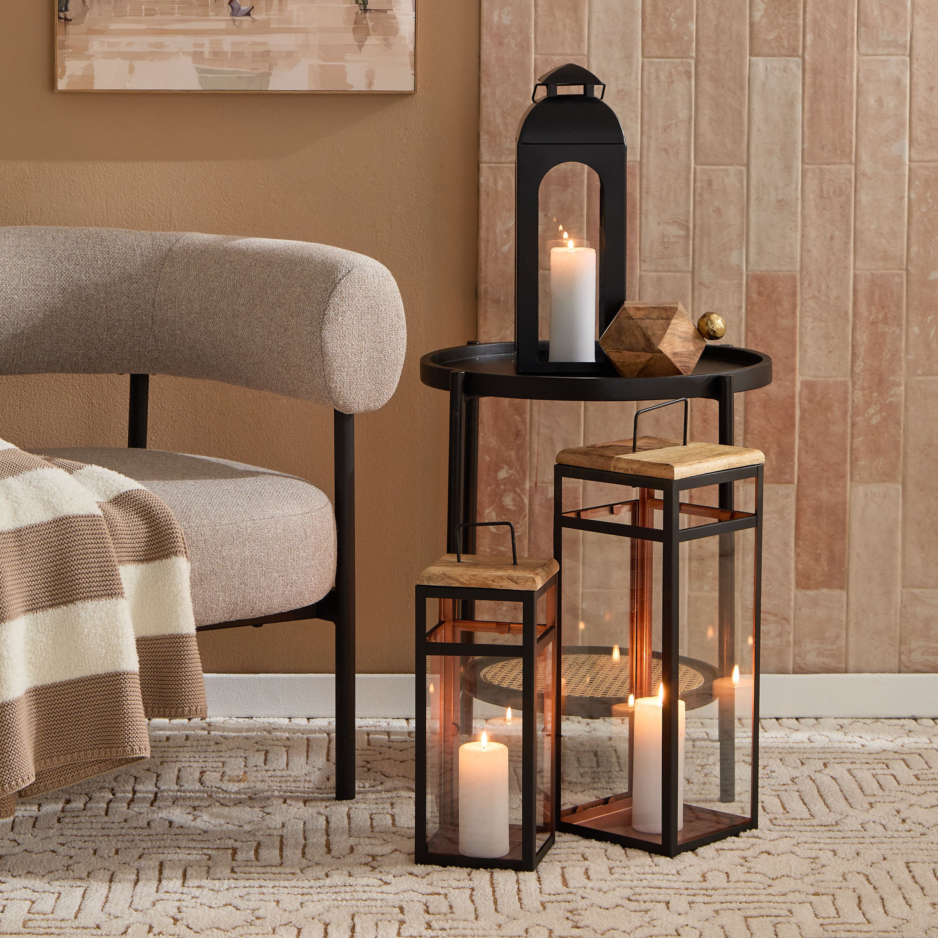 Brompton Modern Lantern with Metal Beading and Natural Wood Lid - 14x14x36 cm-hbxdecorandfurnishings-homeaccessories-lanterns-image-5