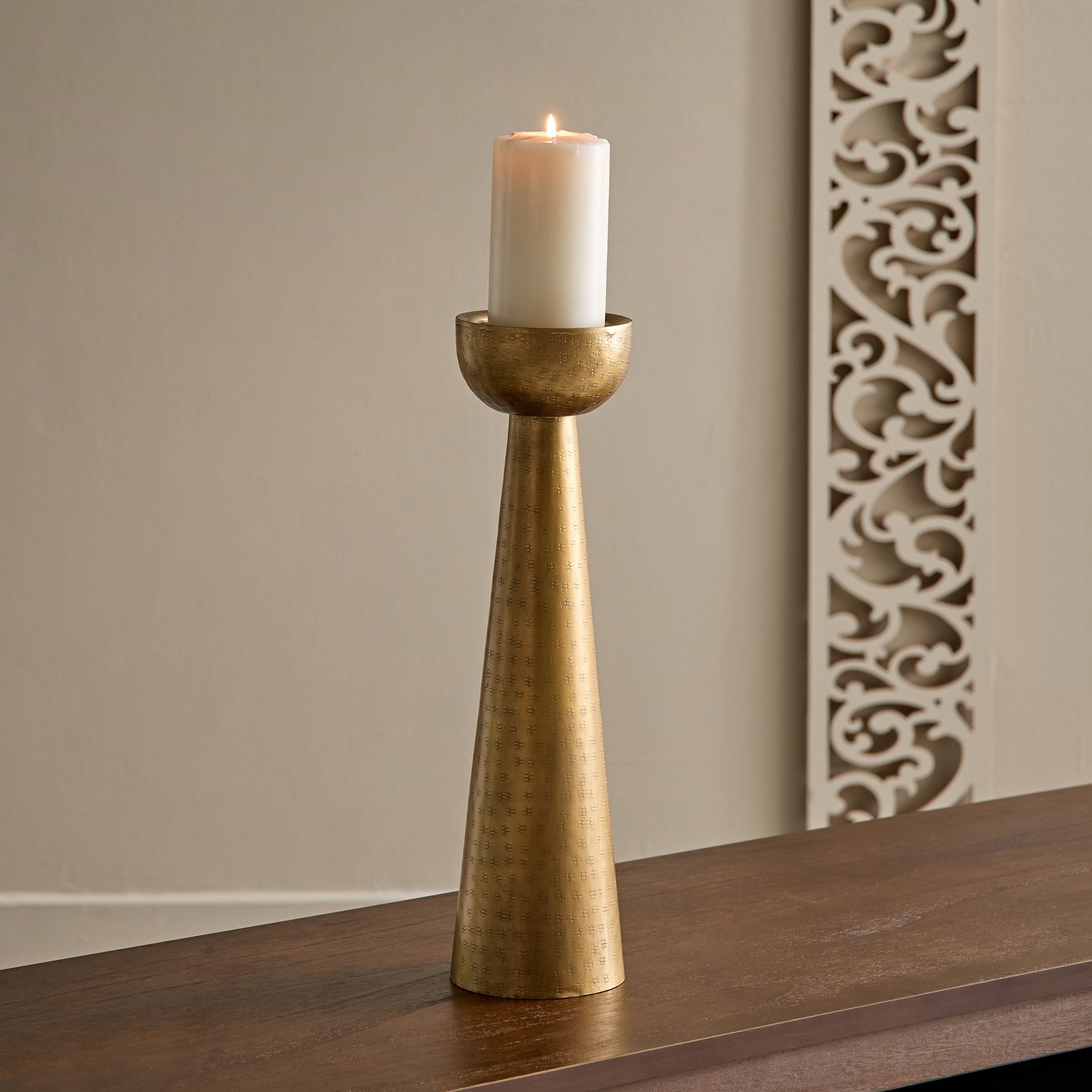 Arizona Metal Hammered Conical Pillar Candleholder - 11x11x43.5 cm-hbxlivingroom-decorandaccessories-candleholders-image-1