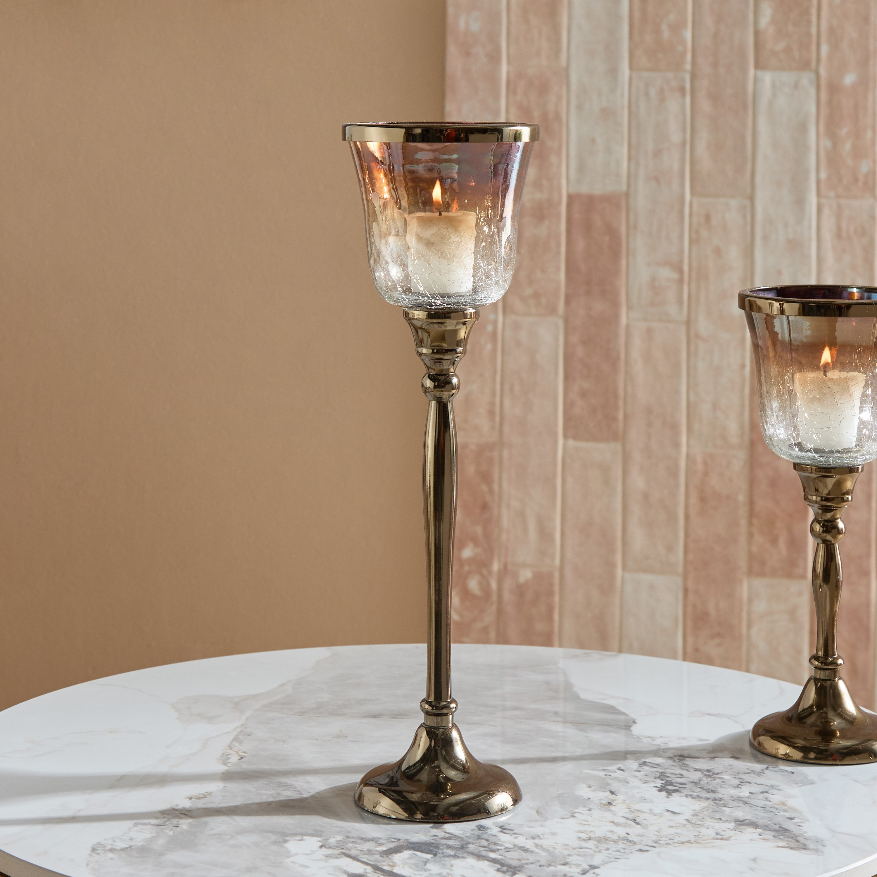 Jebha Half Crackle and Luster Glass Votive Holder on Steel Base with Steel Ring on Top - 12x12x38 cm-hbxlivingroom-decorandaccessories-candleholders-image-1