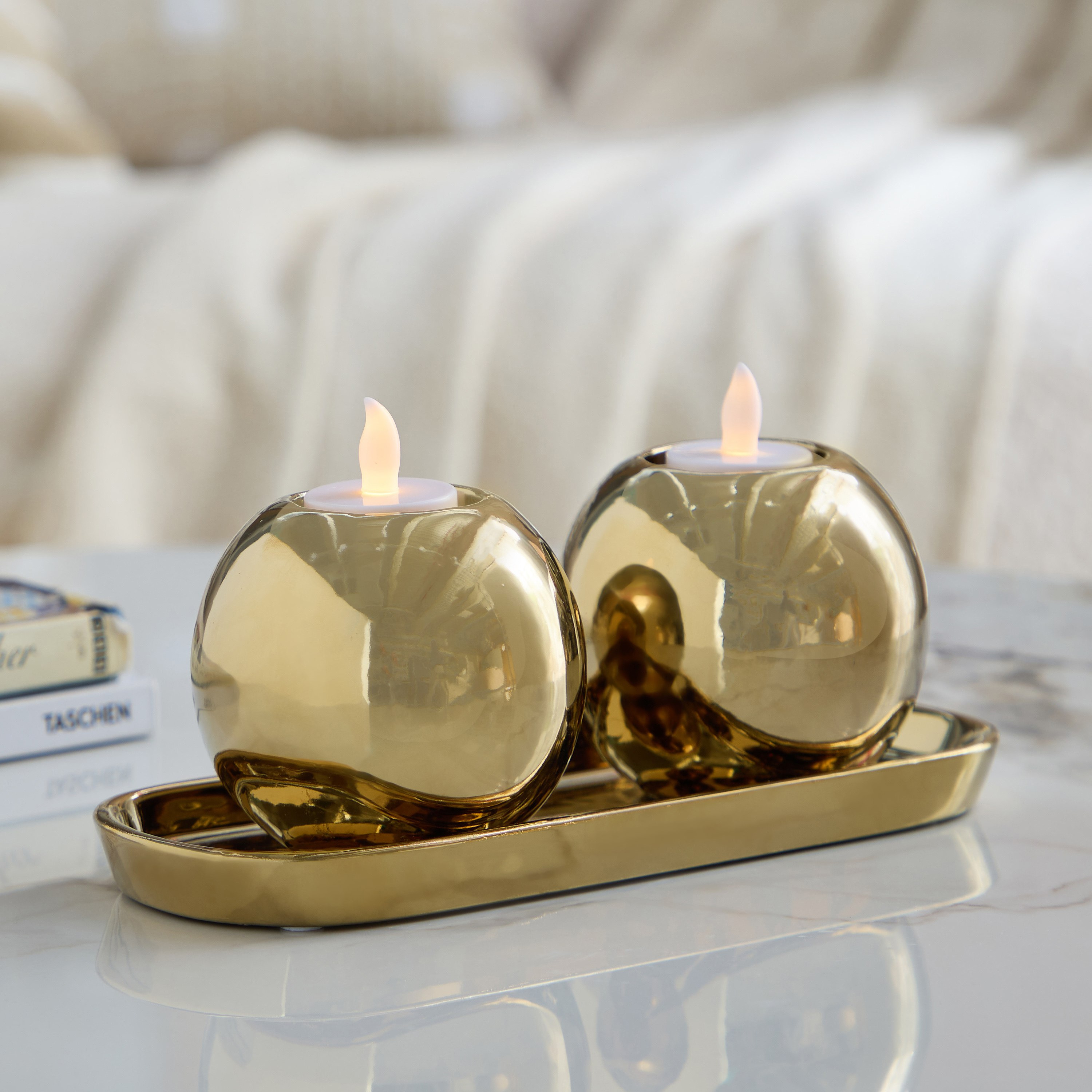 Titany Ceramic 3-Piece Tealight Candleholder with Decorative Tray Gift Set-hbxlivingroom-decorandaccessories-candleholders-image-1