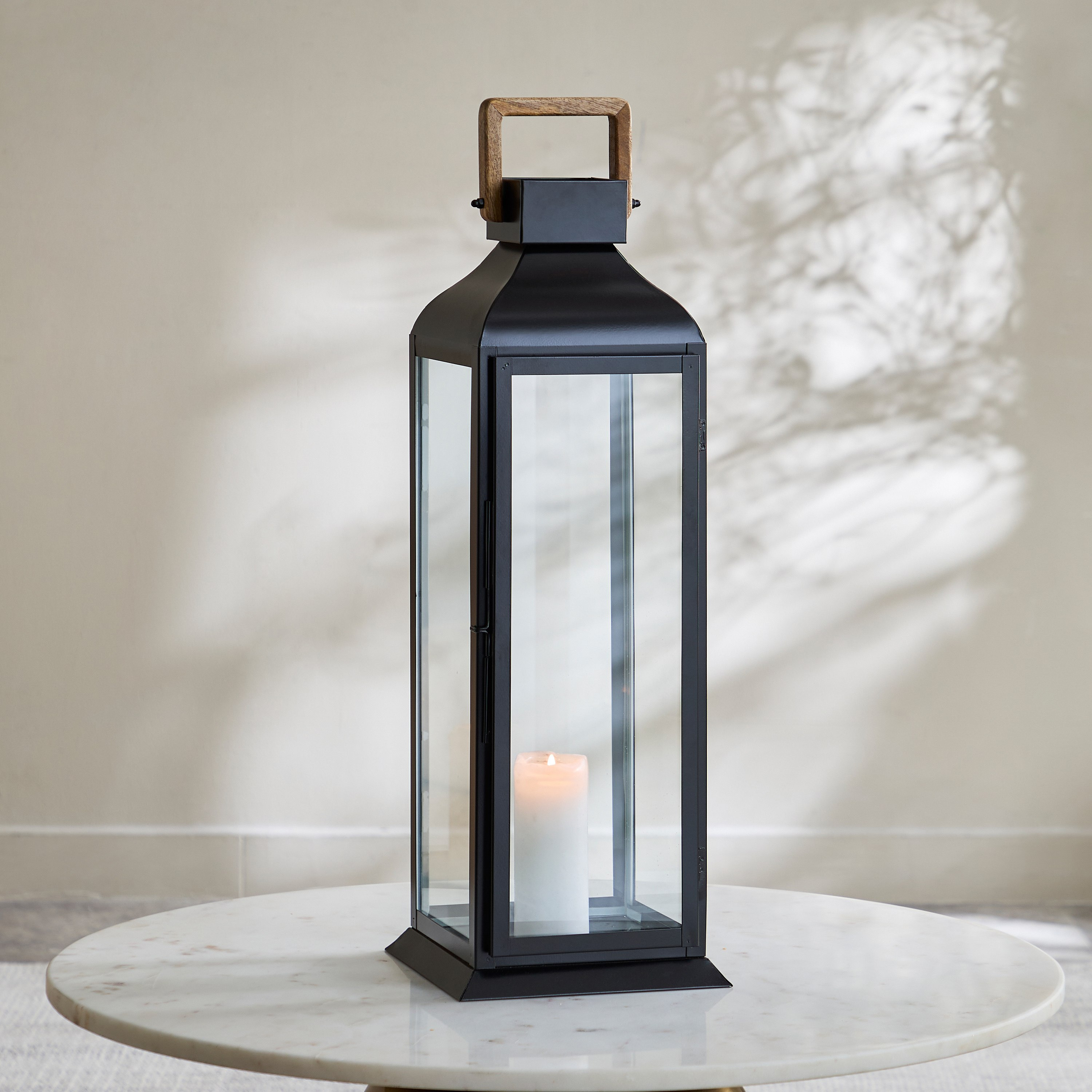 Milo Metal Lantern with Wooden Handle - 22x22x63 cm-hbxdecorandfurnishings-homeaccessories-lanterns-image-1