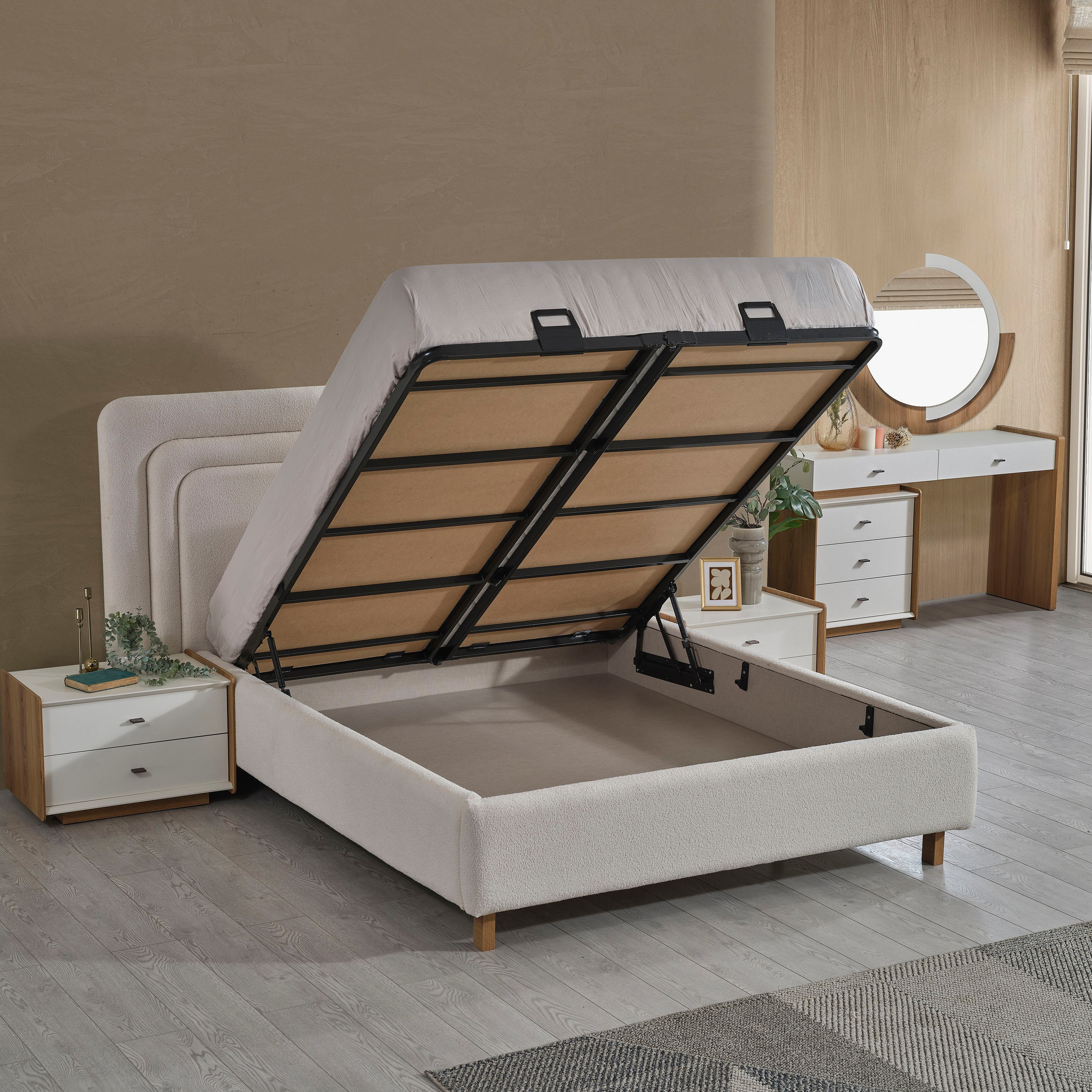 طقم غرفة نوم كينج 5 قطع منجدة مع سرير تخزين هيدروليكي من كابريس - 180x200 سم-hbxbedroom-bedsandbedsets-bedroomsets-king-image-2