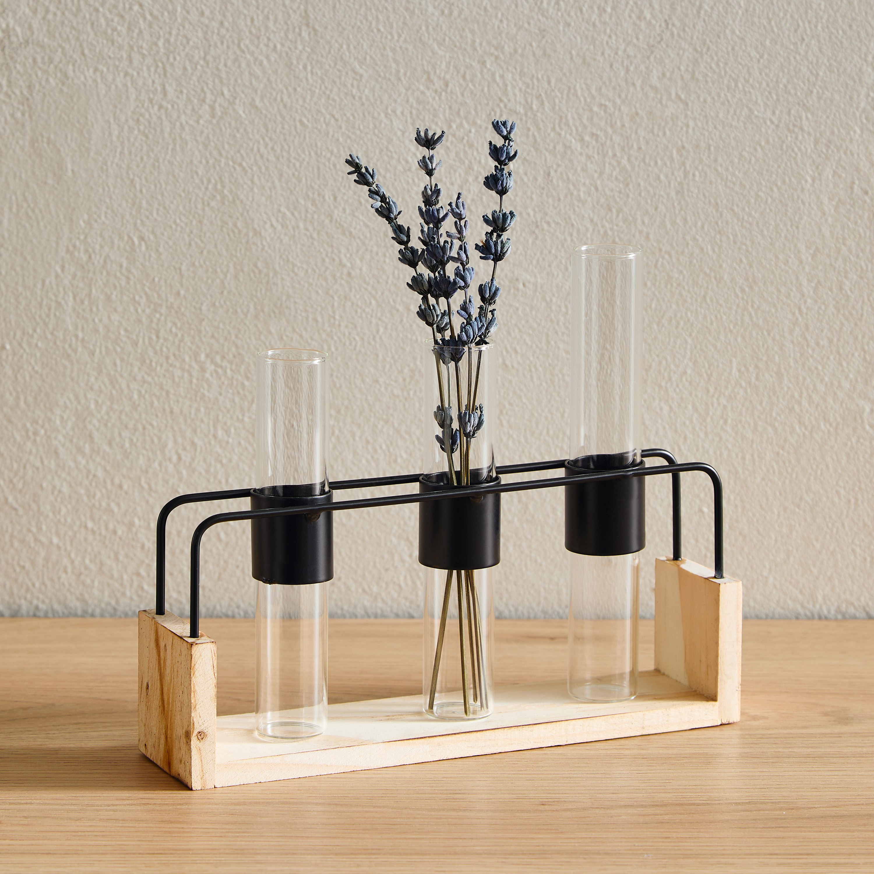 Wadee Metal and Wooden Flower Holder with 3 Glass Vases-hbxhomeware-homedecor-figurinesandornaments-image-1