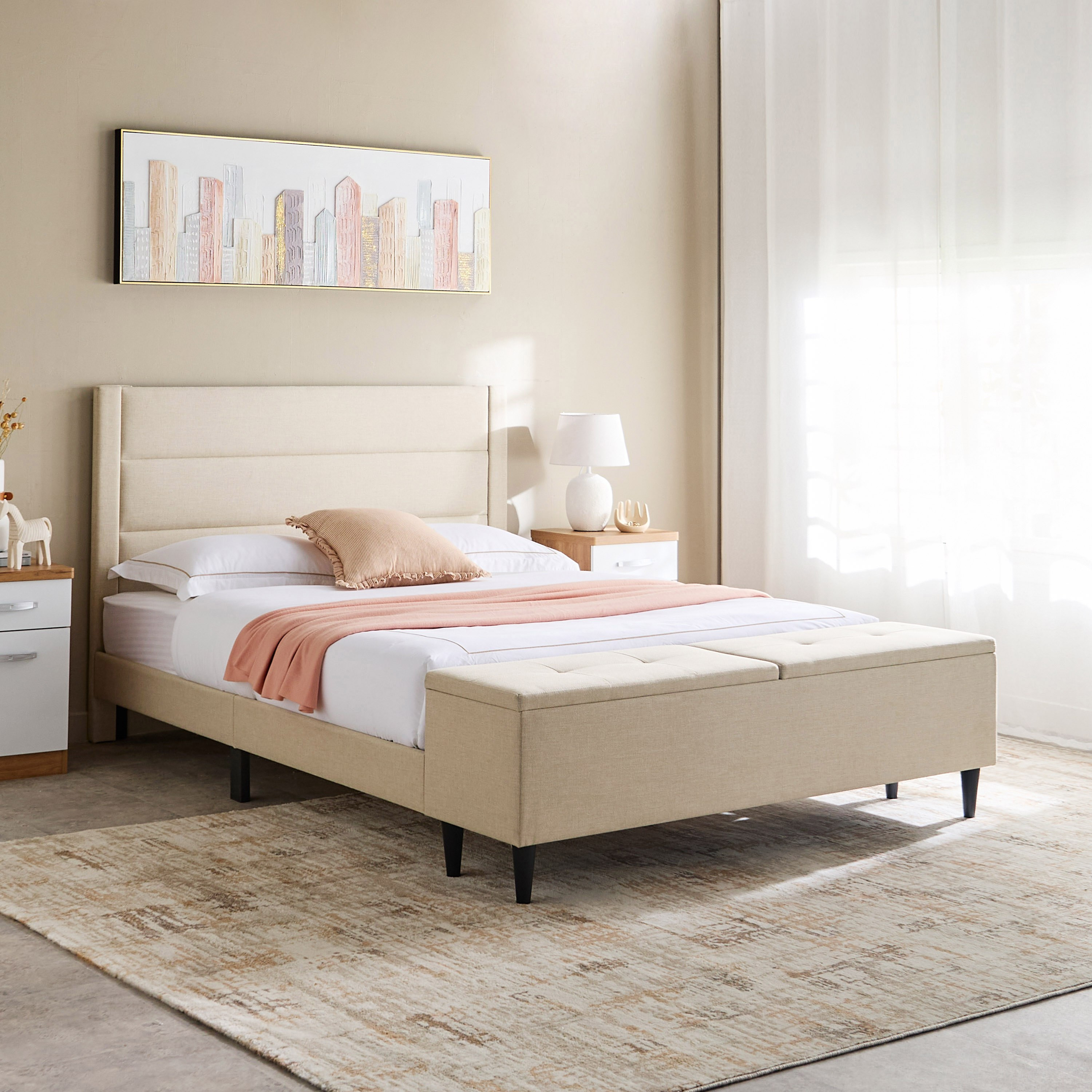 Movo Juno Warren Upholstered Queen Bed with Bench - 160x200 cm-hbxbedroom-bedsandbedsets-beds-queen-image-1