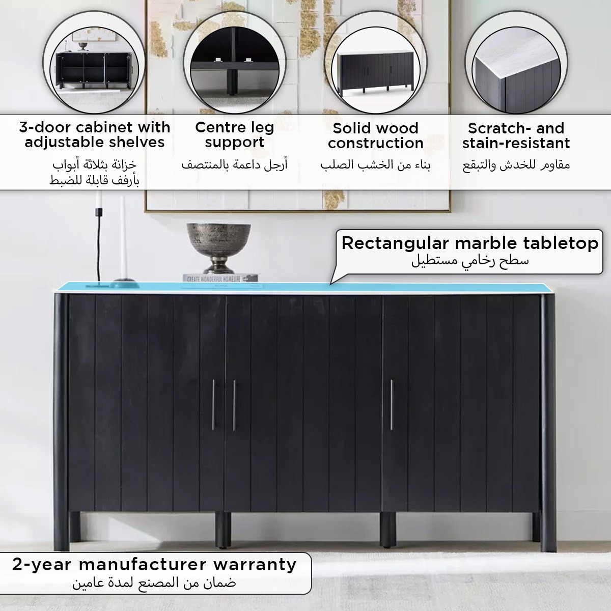 Cavon Fabio 1.6 Metre 3-Door Solid Wood Sideboard with Genuine Marble Top-hbxfurniture-diningroom-buffetsandsideboards-image-4