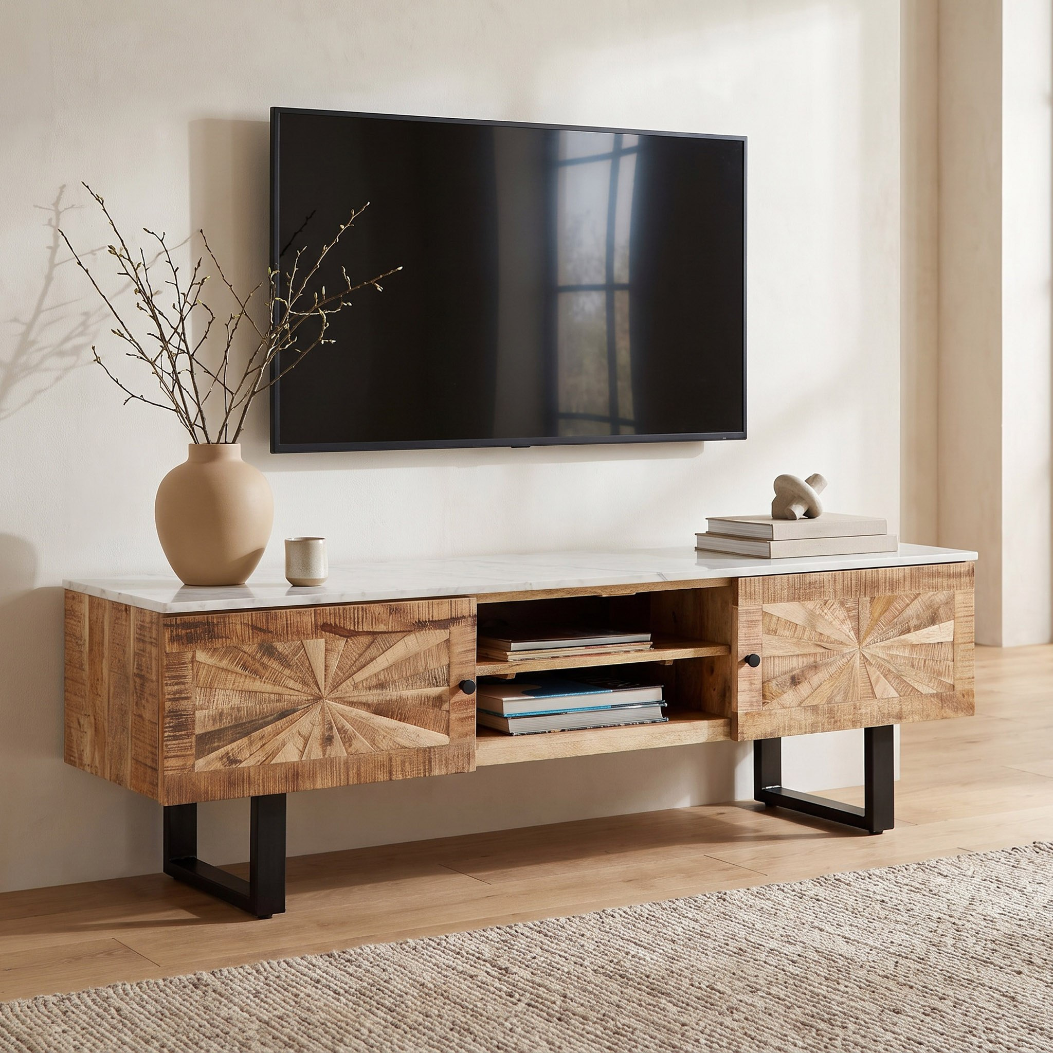 وحدة تلفزيون حتى 70 بوصة 1.6 متر من الخشب الصلب بسطح من الرخام الأصلي - فلوريا من كافون -hbxlivingroom-mediaunitsandstorage-tvunits-image-1
