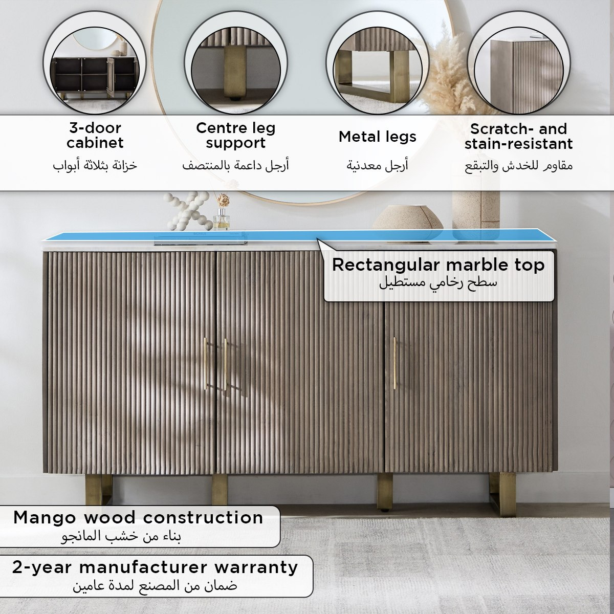 Cavon Portola 1.6 Metre 3-Door Solid Wood Sideboard with Genuine Marble Top-hbxfurniture-diningroom-buffetsandsideboards-image-4