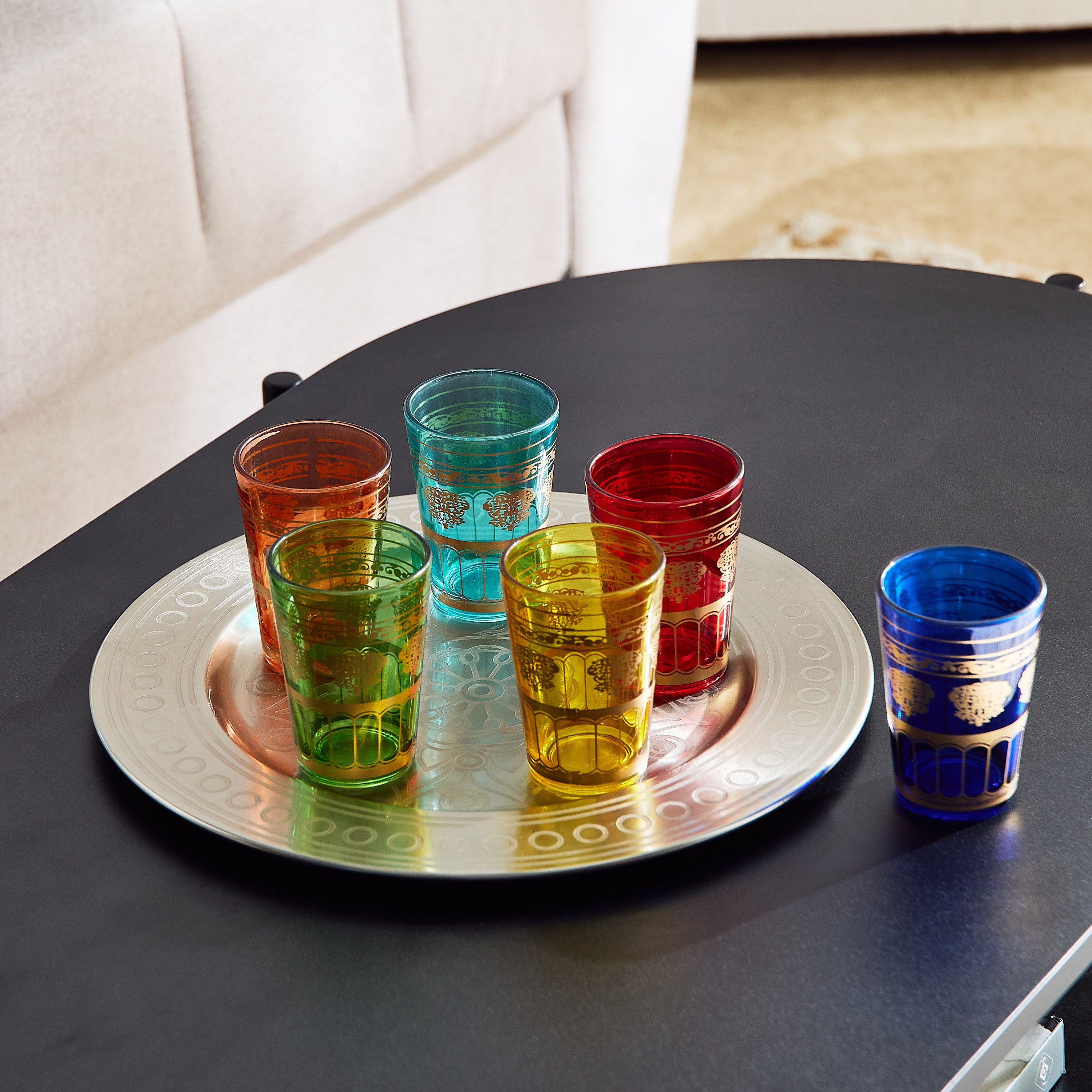 Enid 6-Piece Glasses with Metal Round Tray Set - 30.50x30.50x9 cm-hbxhomeware-hbxdecorandfurnishings-image-1
