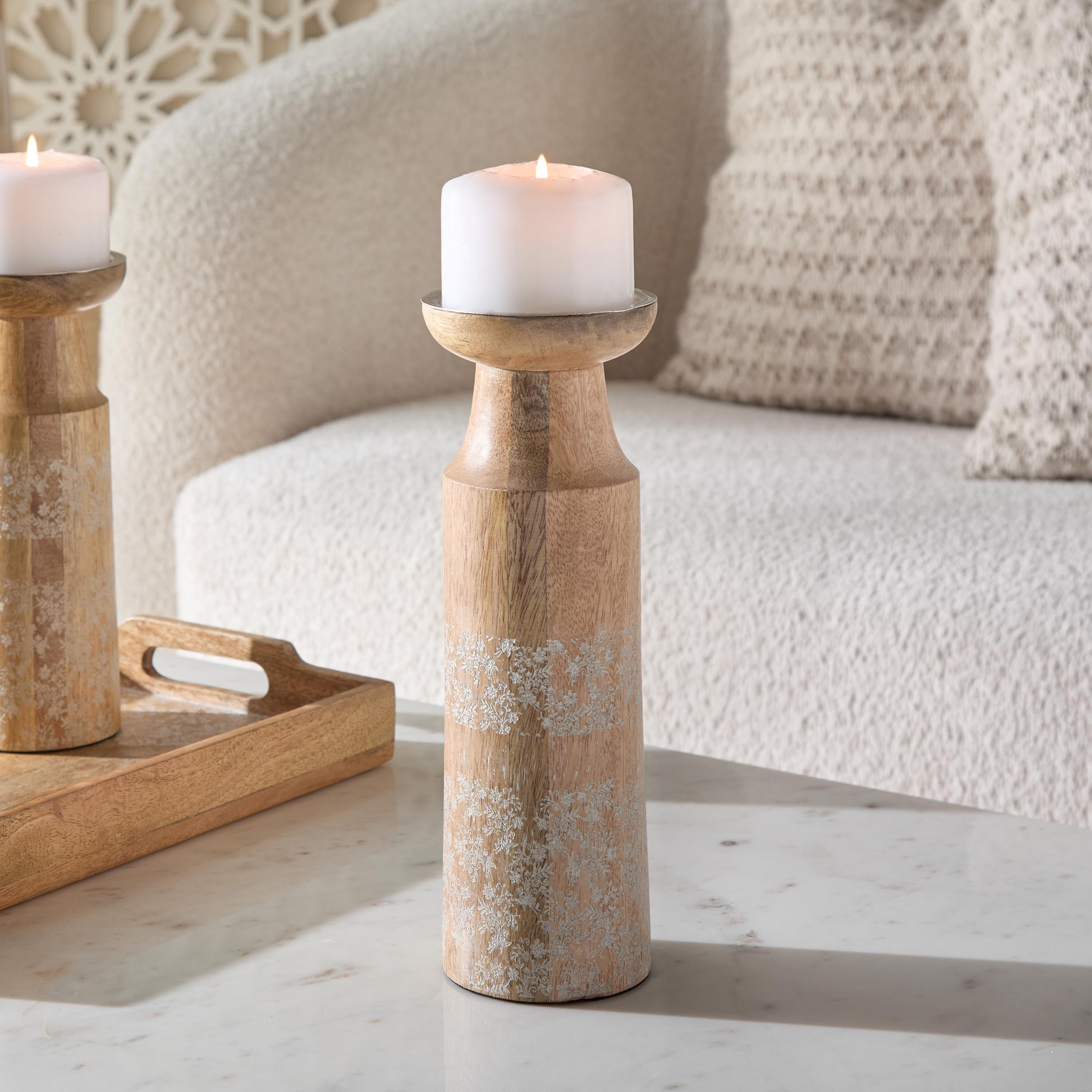 Lace Pattern with Etching Natural Wood Pillar Candle Holder - 10x10x30 cm-hbxlivingroom-decorandaccessories-candleholders-image-1