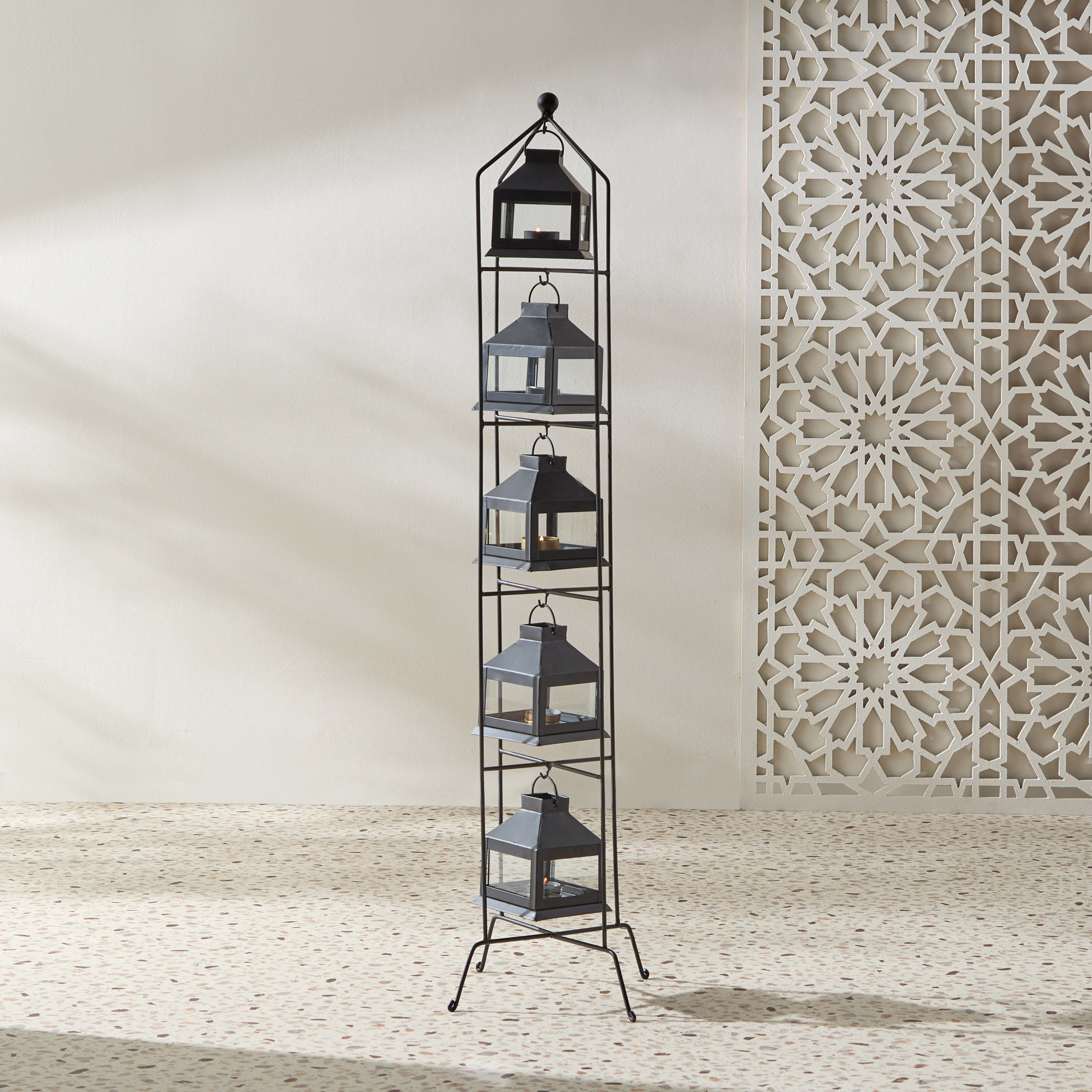 حامل فانوس معدني مع 5 فوانيس من كينسين - 22x22x106 سم-hbxdecorandfurnishings-homeaccessories-lanterns-image-1