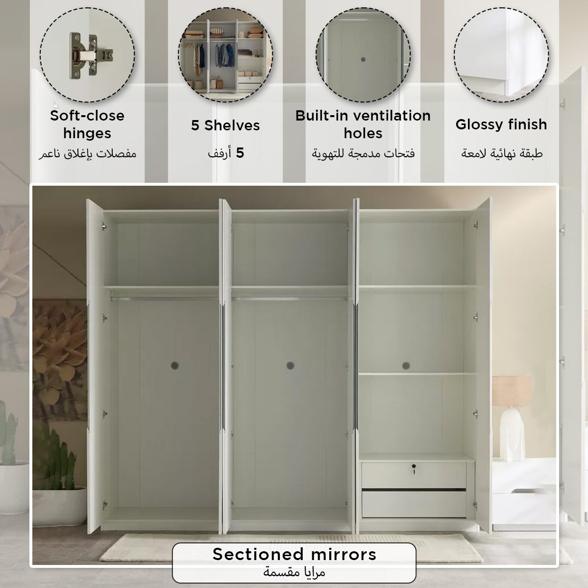 Dixon 6-Door High Gloss Wardrobe with 2 Drawers and Mirror-hbxfurniture-wardrobes-image-14