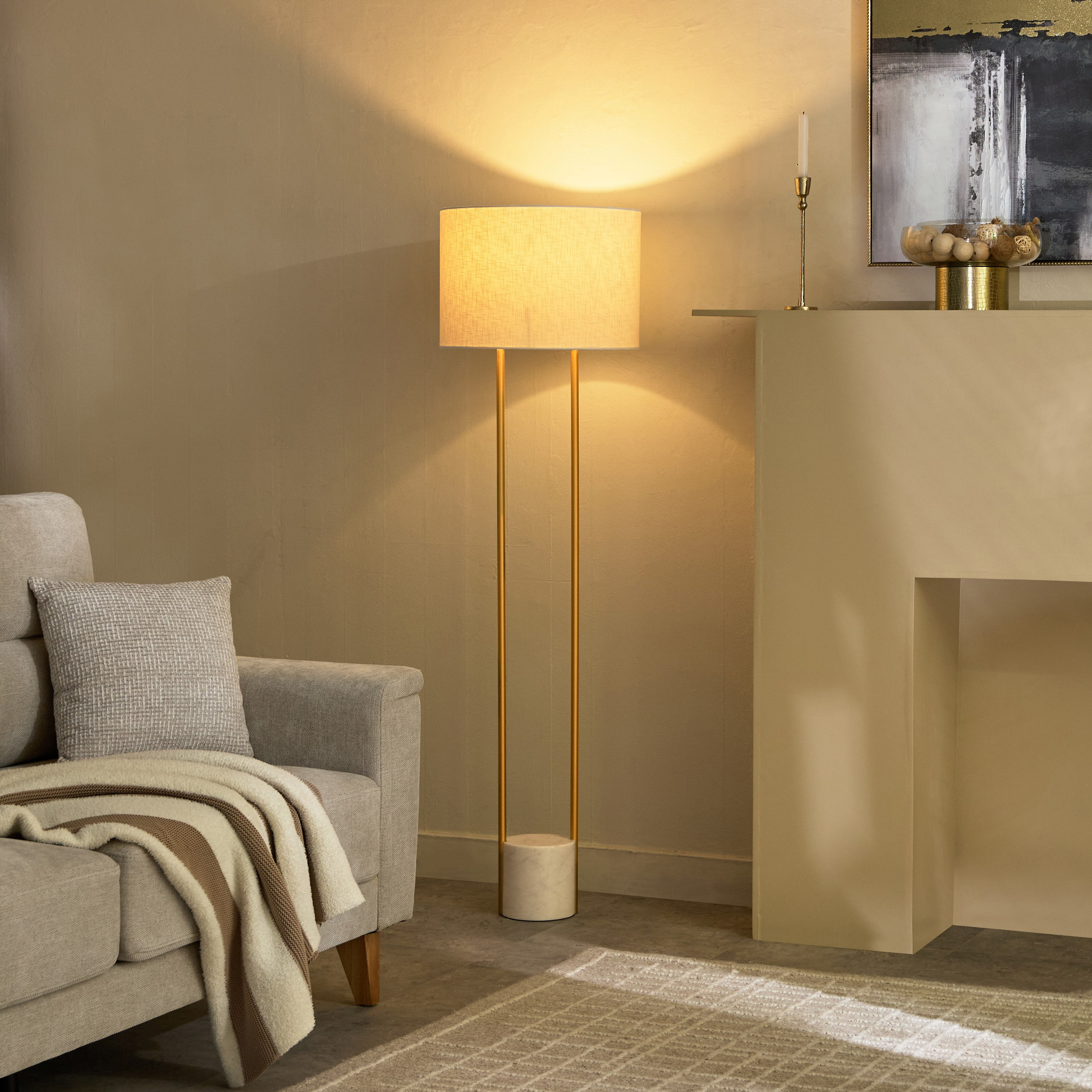 Haskett Aleso Metal E27 Floor Lamp with Marble Base and Fabric Shade - 40x150 cm-hbxhomeware-hbxdecorandfurnishings-image-9