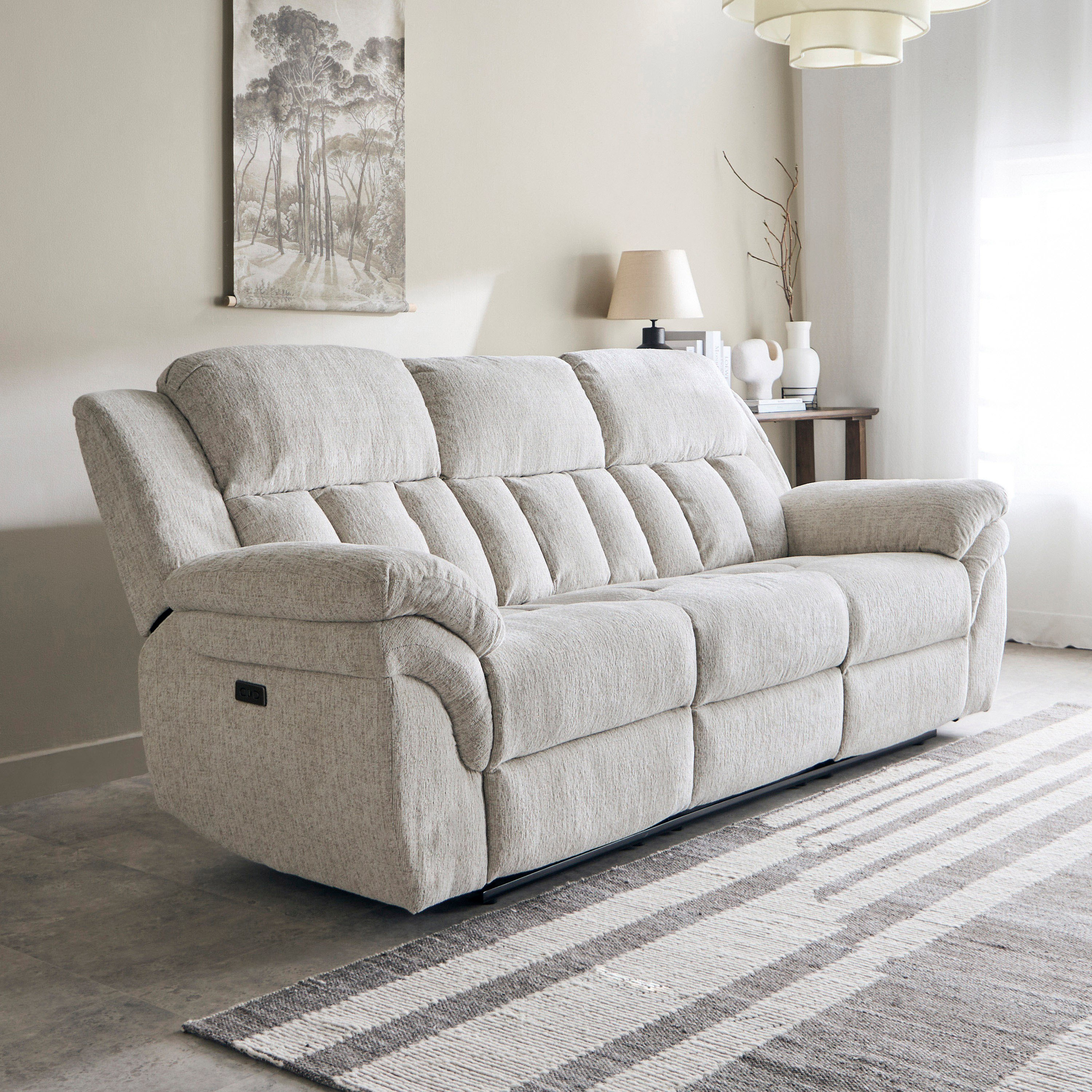 كنبة استرخاء قماش 3 مقاعد تعمل بالطاقة الكهربائية بمسند و2 حامل أكواب من ستانفورد-hbxfurniture-sofasandarmchairs-reclinersofas-image-1