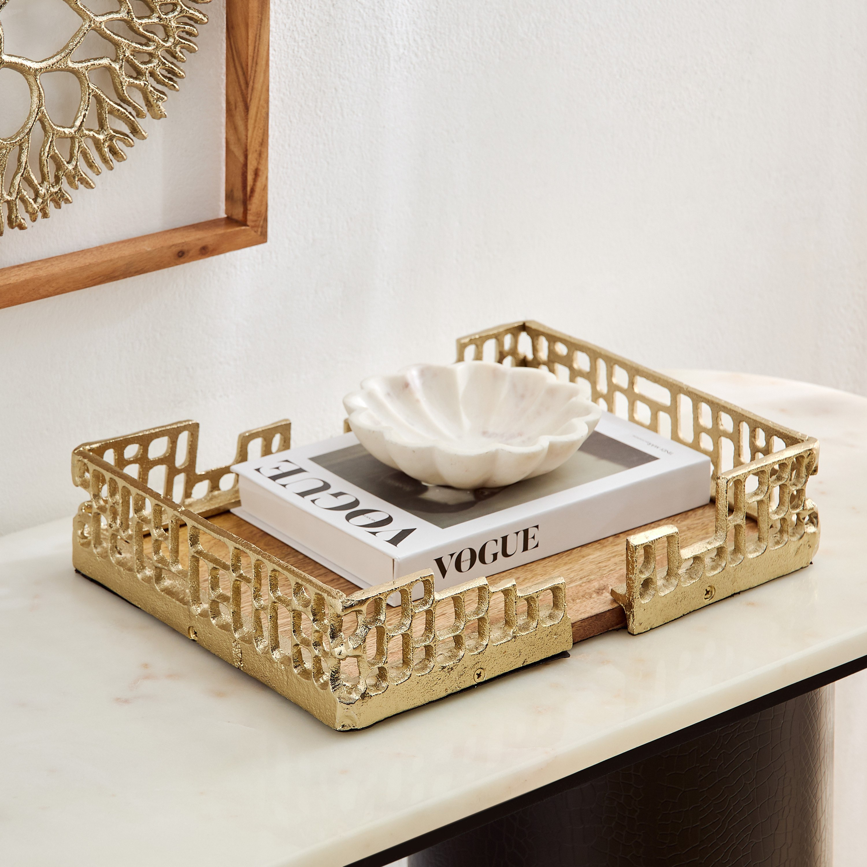Ozawa Aluminium Cutwork Decorative Tray with Natural Wood Base - 36x25x7 cm-hbxhomeware-hbxdecorandfurnishings-image-1
