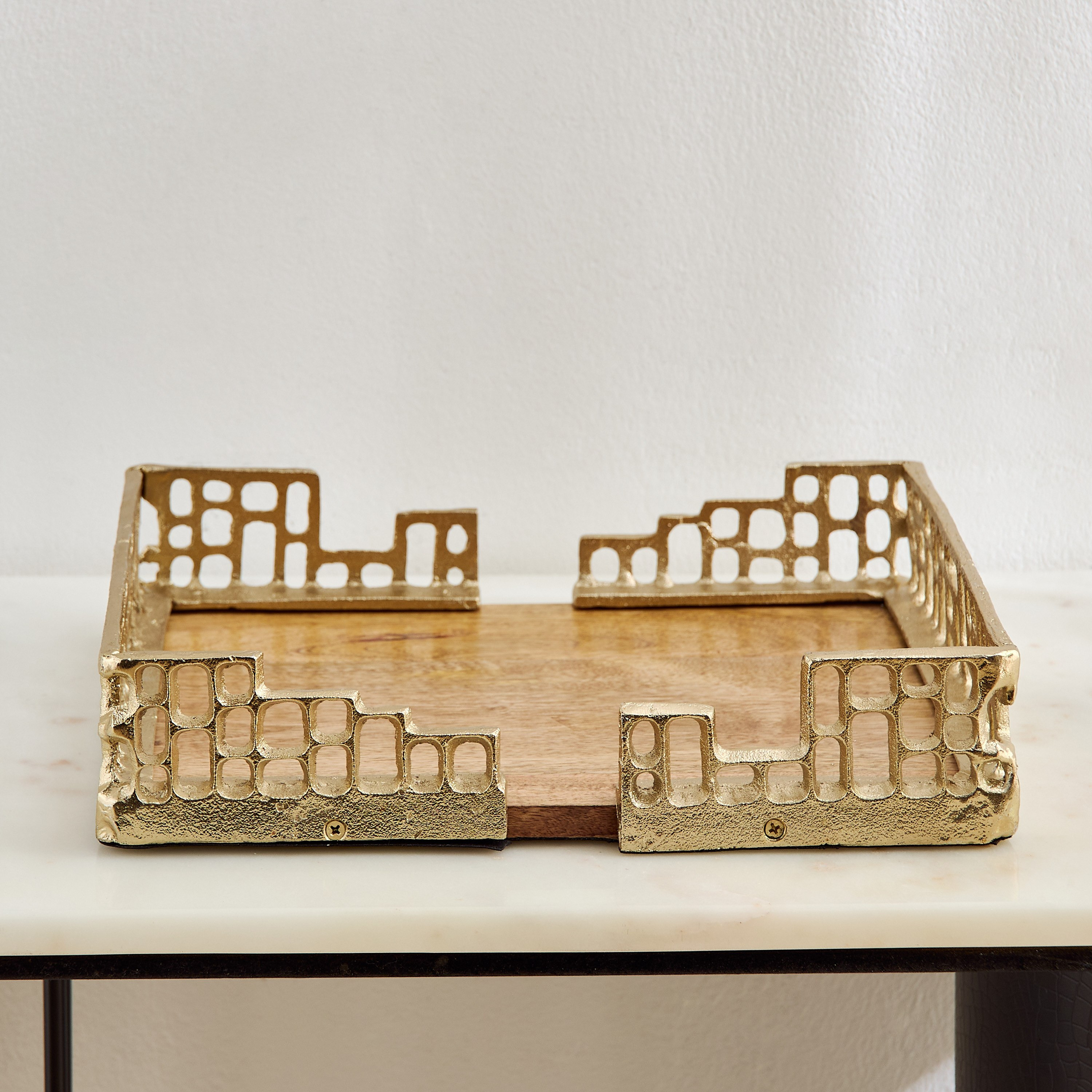 Ozawa Aluminium Cutwork Decorative Tray with Natural Wood Base - 36x25x7 cm-hbxhomeware-hbxdecorandfurnishings-image-2