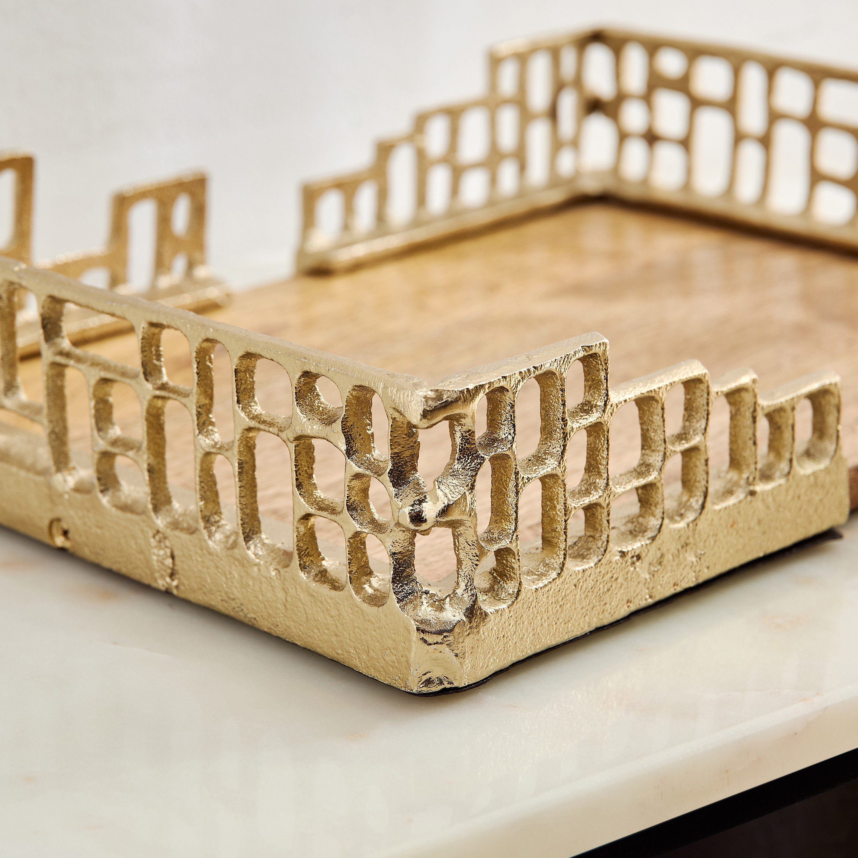 Ozawa Aluminium Cutwork Decorative Tray with Natural Wood Base - 36x25x7 cm-hbxhomeware-hbxdecorandfurnishings-image-3