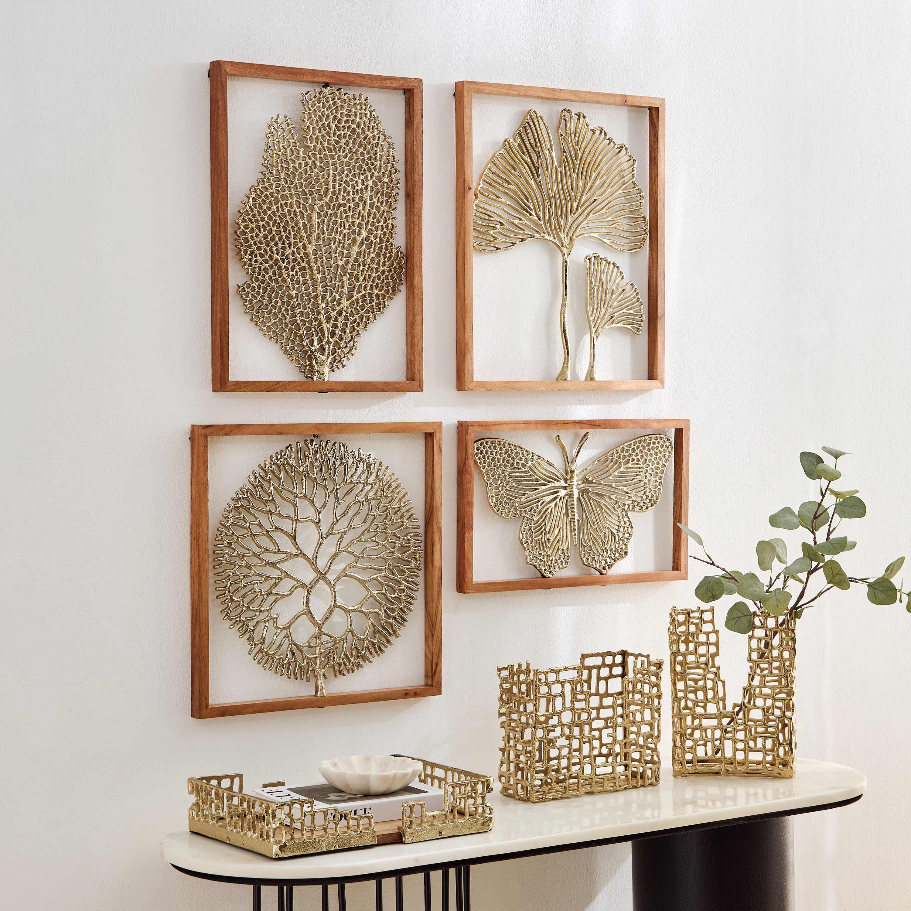 Ozawa Aluminium Cutwork Decorative Tray with Natural Wood Base - 36x25x7 cm-hbxhomeware-hbxdecorandfurnishings-image-4