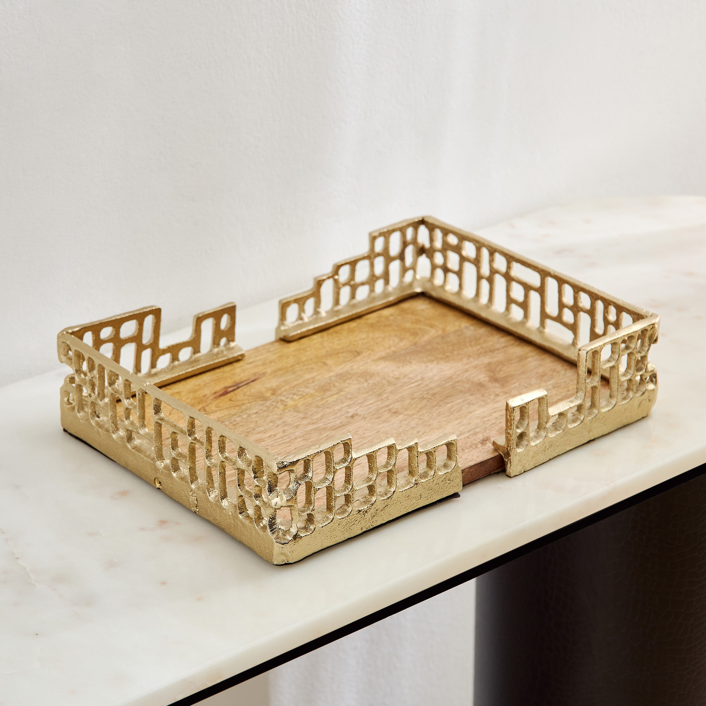 Ozawa Aluminium Cutwork Decorative Tray with Natural Wood Base - 36x25x7 cm-hbxhomeware-hbxdecorandfurnishings-image-5