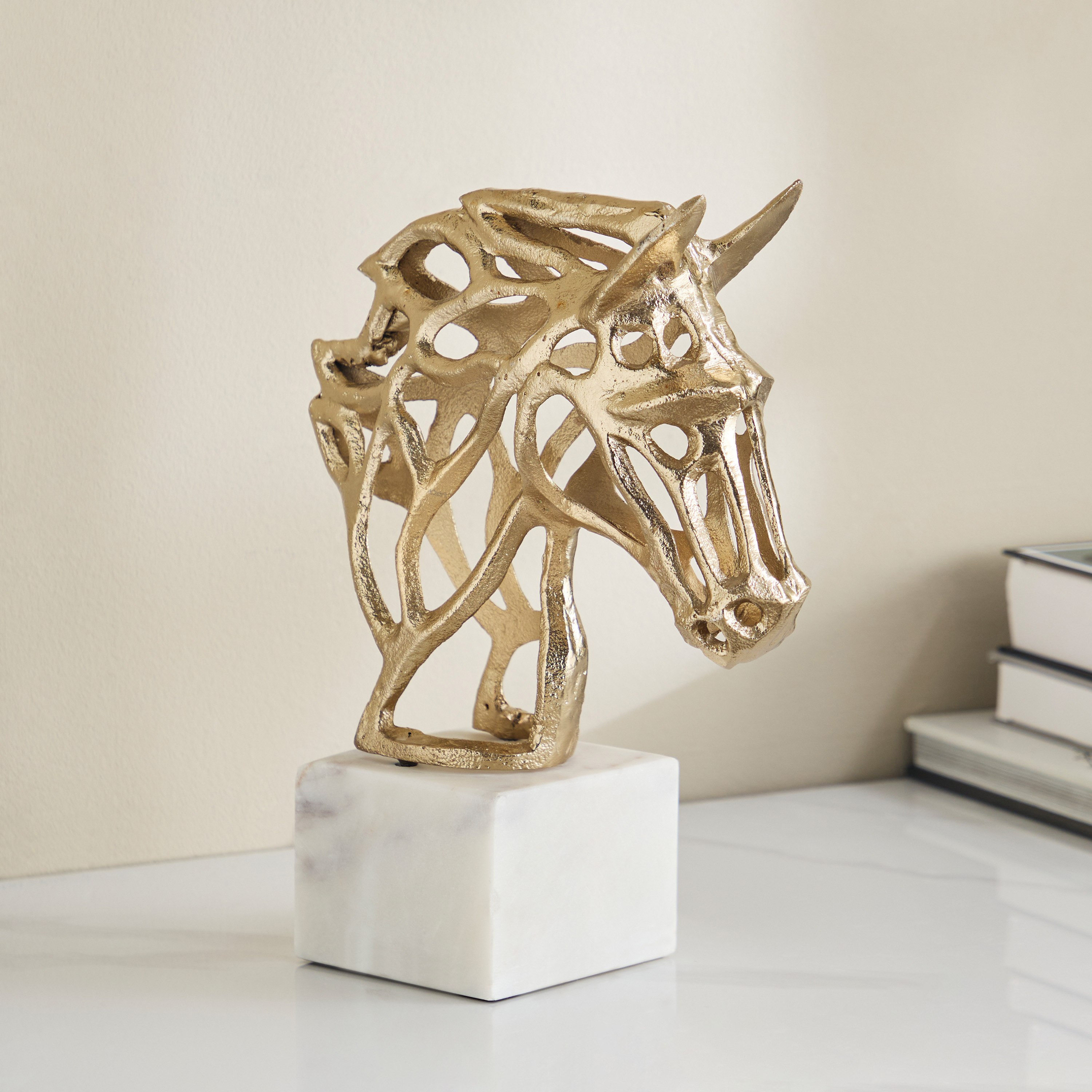 Viola Aluminium Horse Face Accent with Natural Marble Base - 24x10x30 cm-hbxhomeware-homedecor-figurinesandornaments-image-1