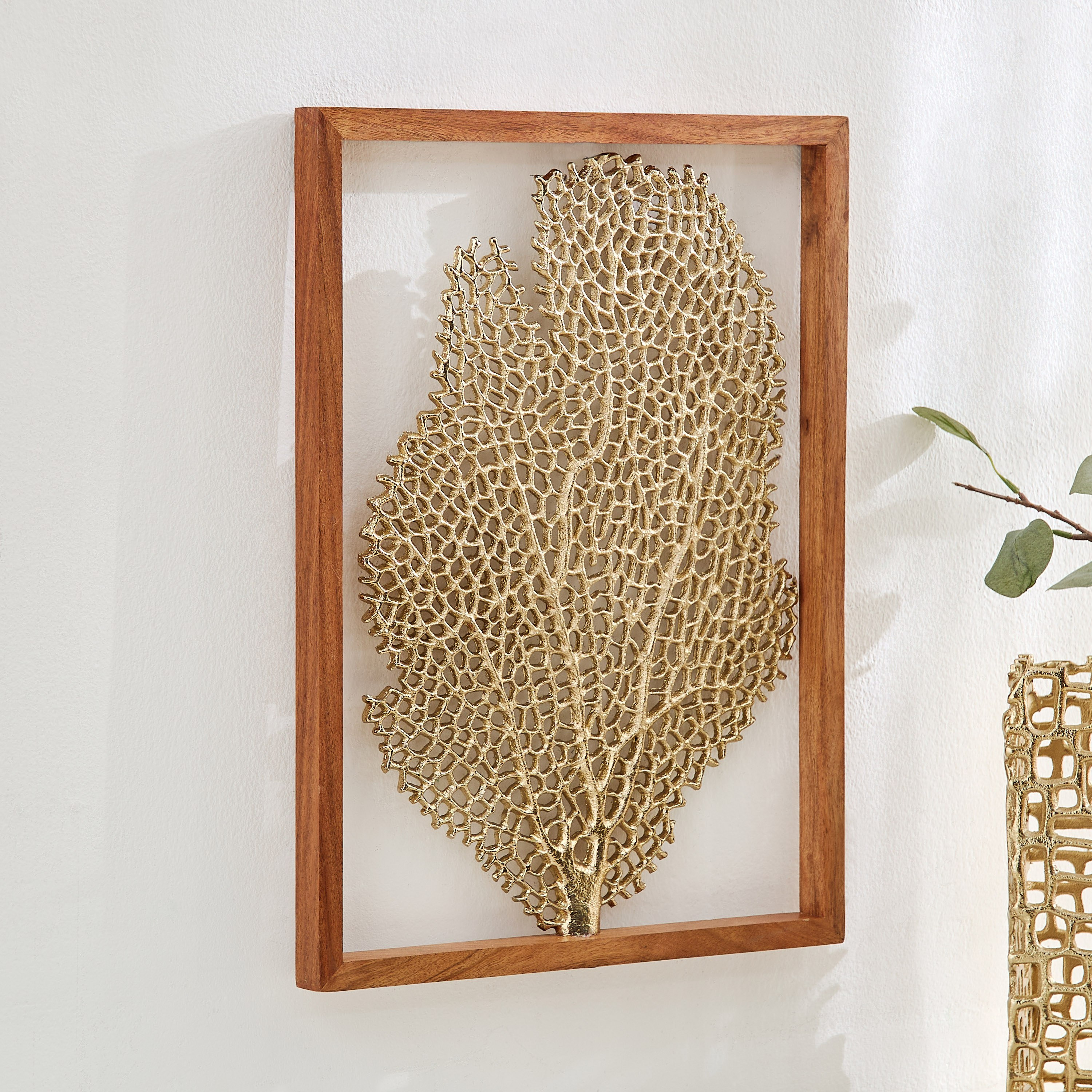 Ozawa Aluminium Cutwork Leaf Wall Art with Natural Wooden Frame - 36x48x3 cm-hbxlivingroom-walldecor-wallart-image-1