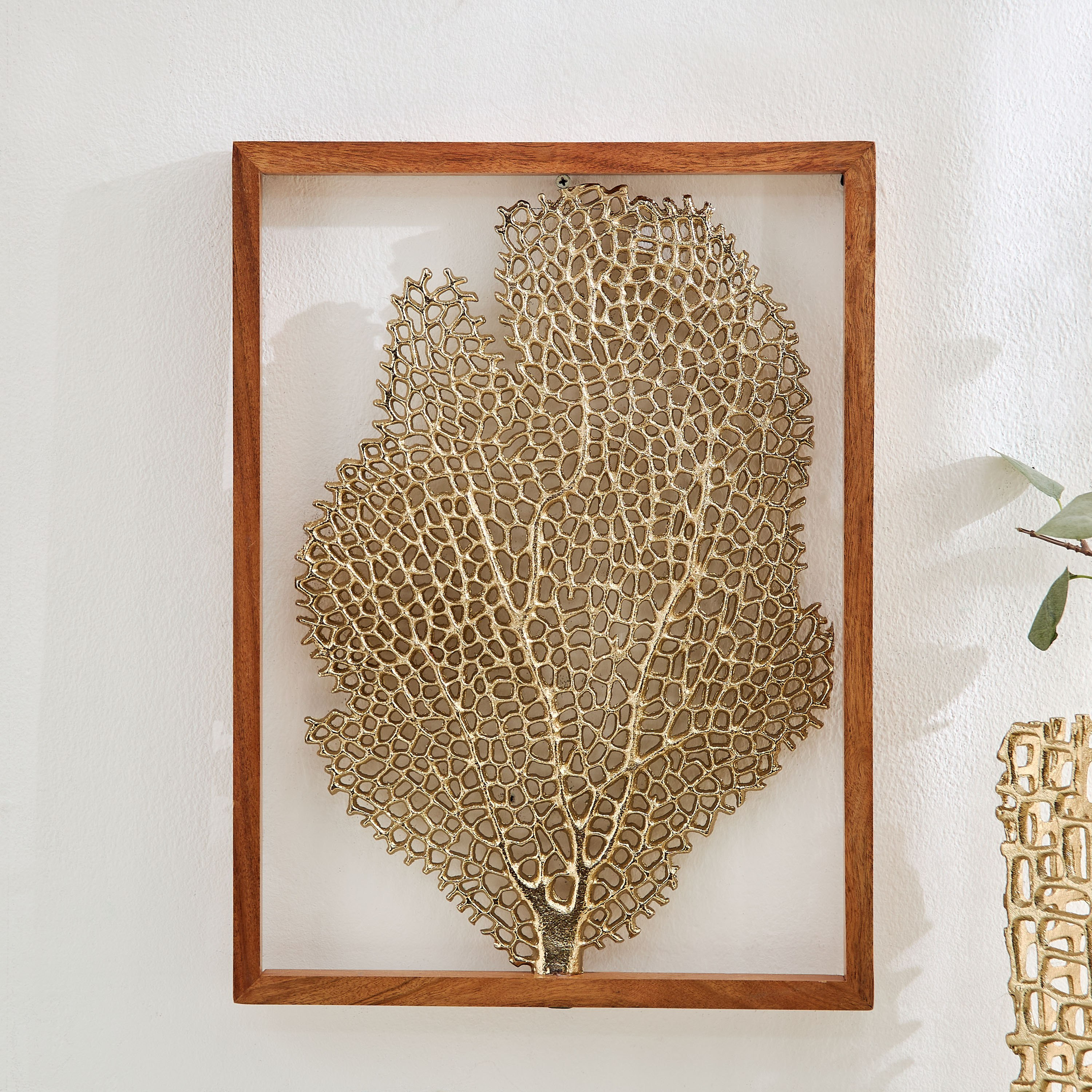 Ozawa Aluminium Cutwork Leaf Wall Art with Natural Wooden Frame - 36x48x3 cm-hbxlivingroom-walldecor-wallart-image-2