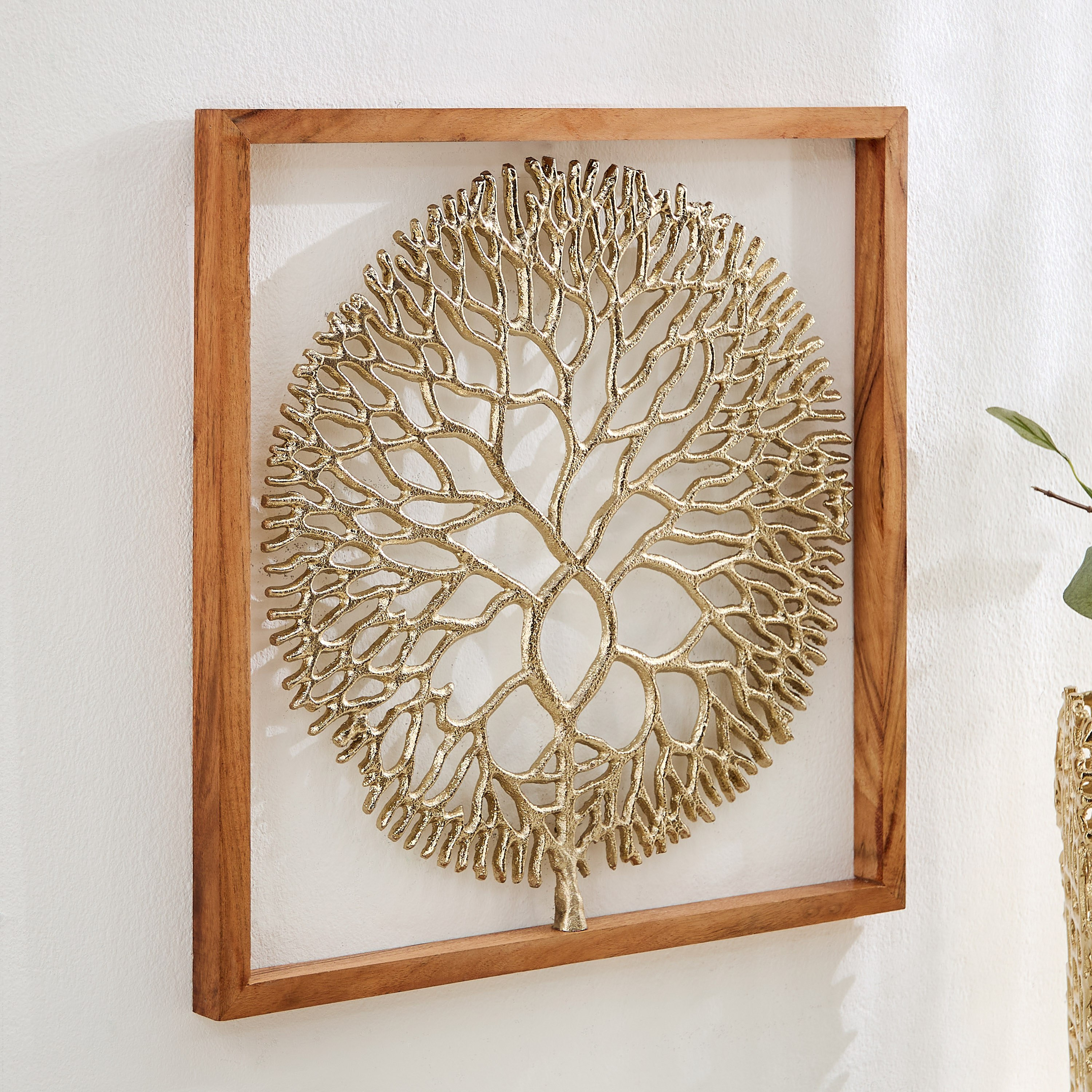 Ozawa Aluminium Cutwork Tree Wall Art with Natural Wooden Frame - 43x43x3 cm-hbxlivingroom-walldecor-wallart-image-1