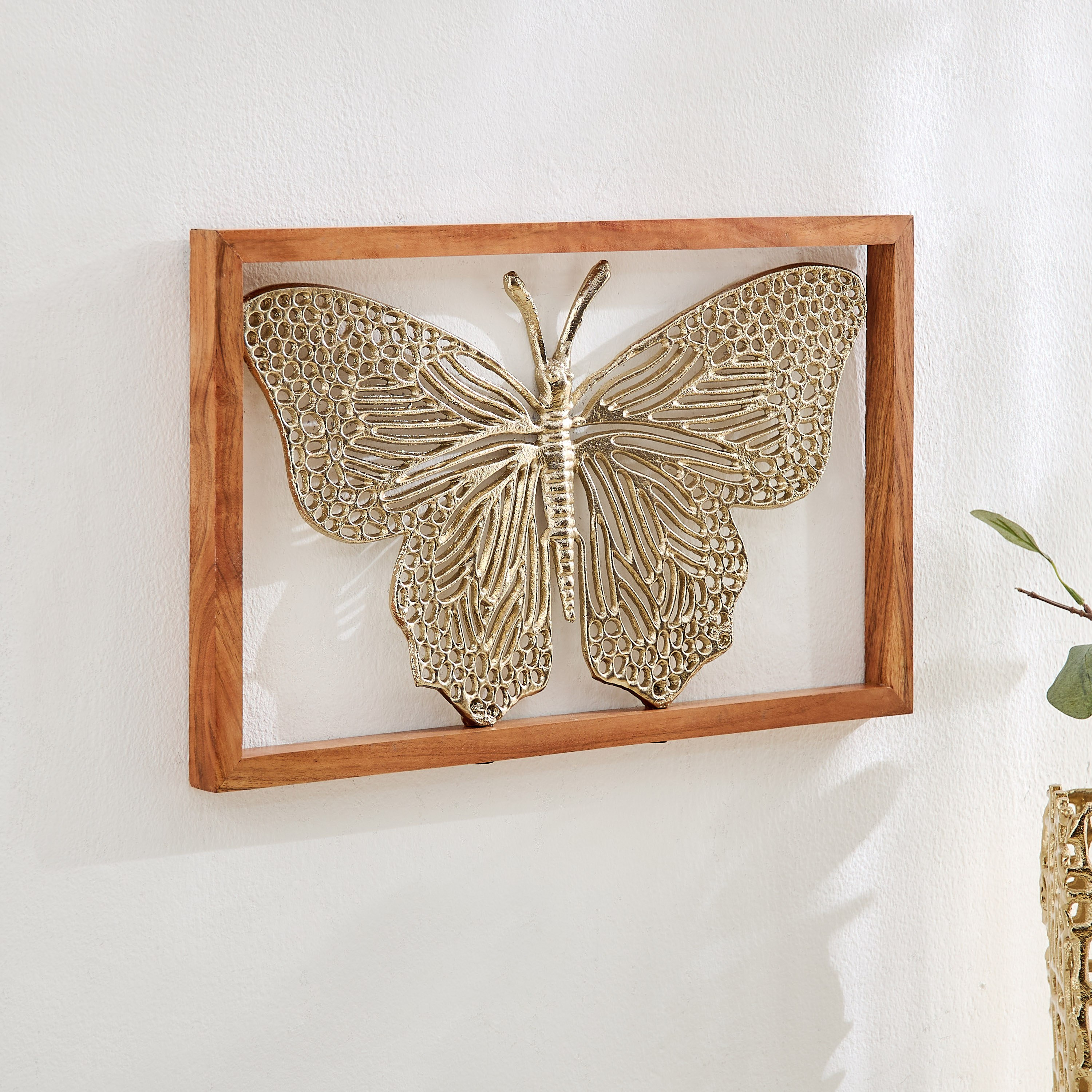 Ozawa Aluminium Cutwork Butterfly Wall Art with Natural Wooden Frame - 42x24x3 cm-hbxdiningroom-walldecor-wallart-image-1