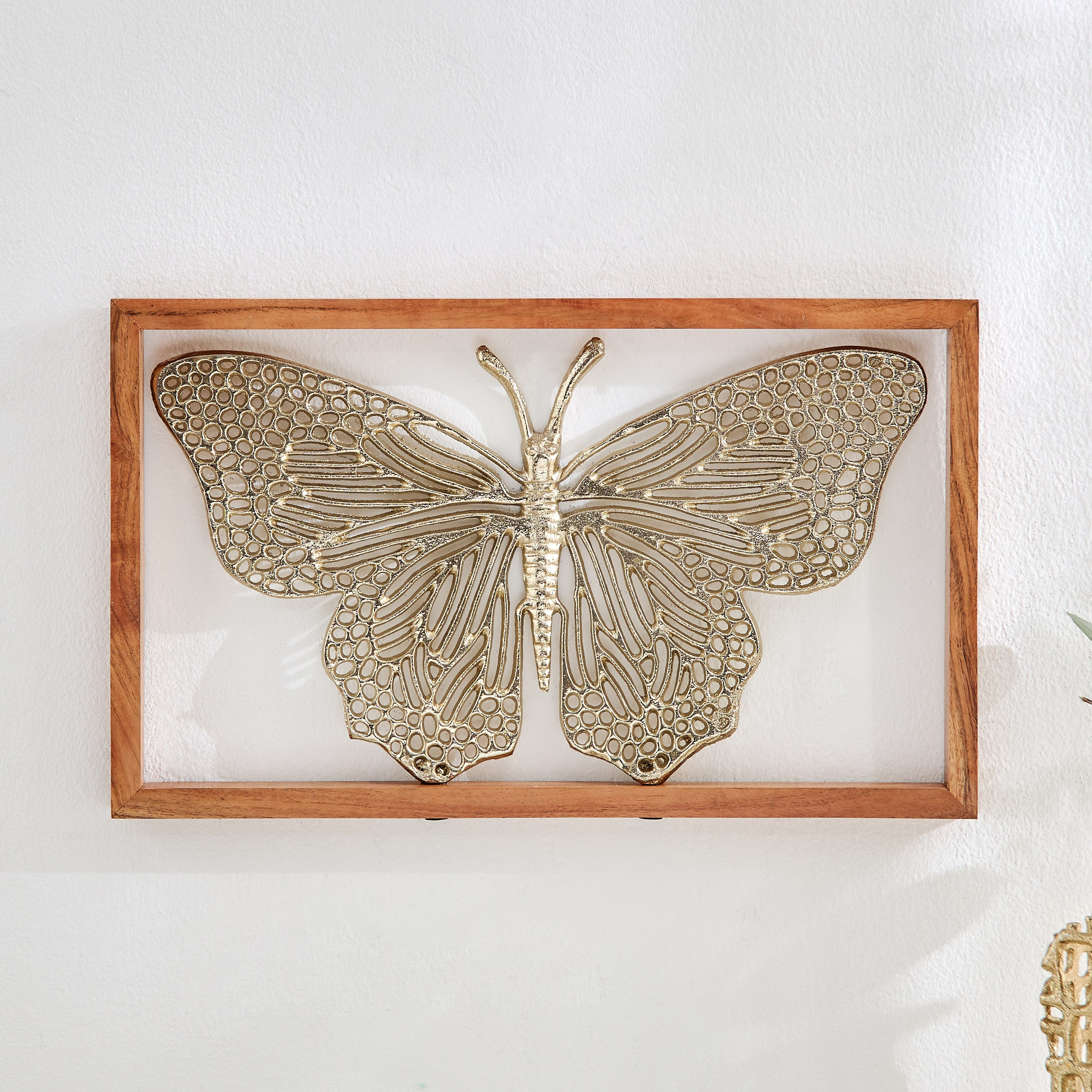 Ozawa Aluminium Cutwork Butterfly Wall Art with Natural Wooden Frame - 42x24x3 cm-hbxdiningroom-walldecor-wallart-image-2