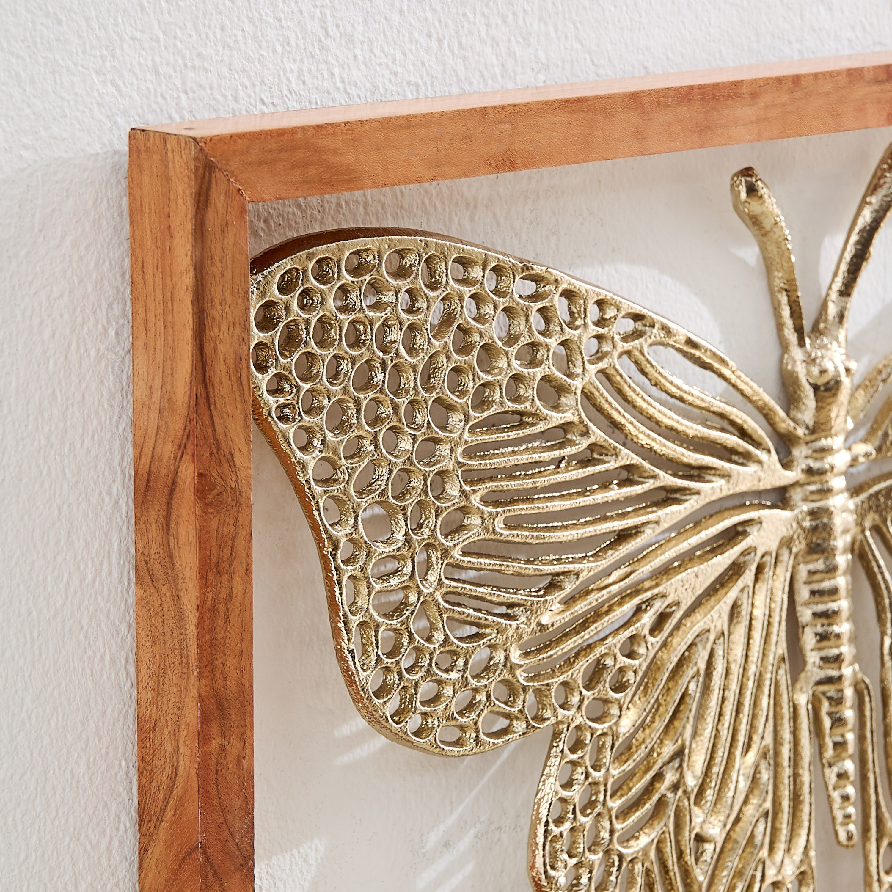 Ozawa Aluminium Cutwork Butterfly Wall Art with Natural Wooden Frame - 42x24x3 cm-hbxdiningroom-walldecor-wallart-image-3