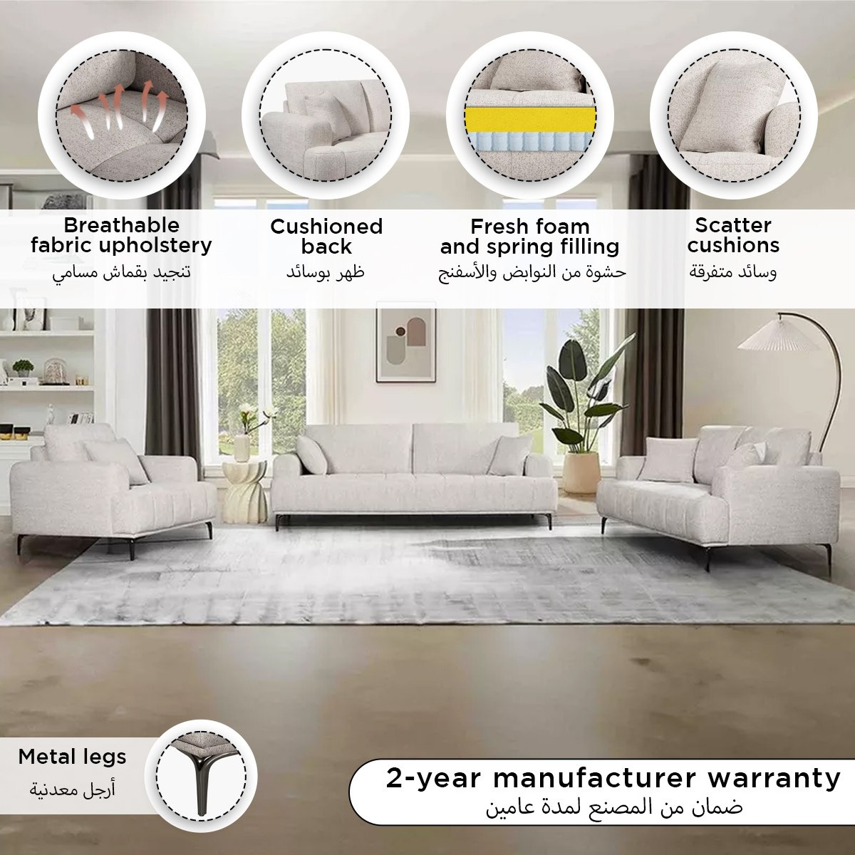 Porto 3-Seater Fabric Sofa with 2 Cushions-hbxlivingroom-sofasandarmchairs-sofas-image-4