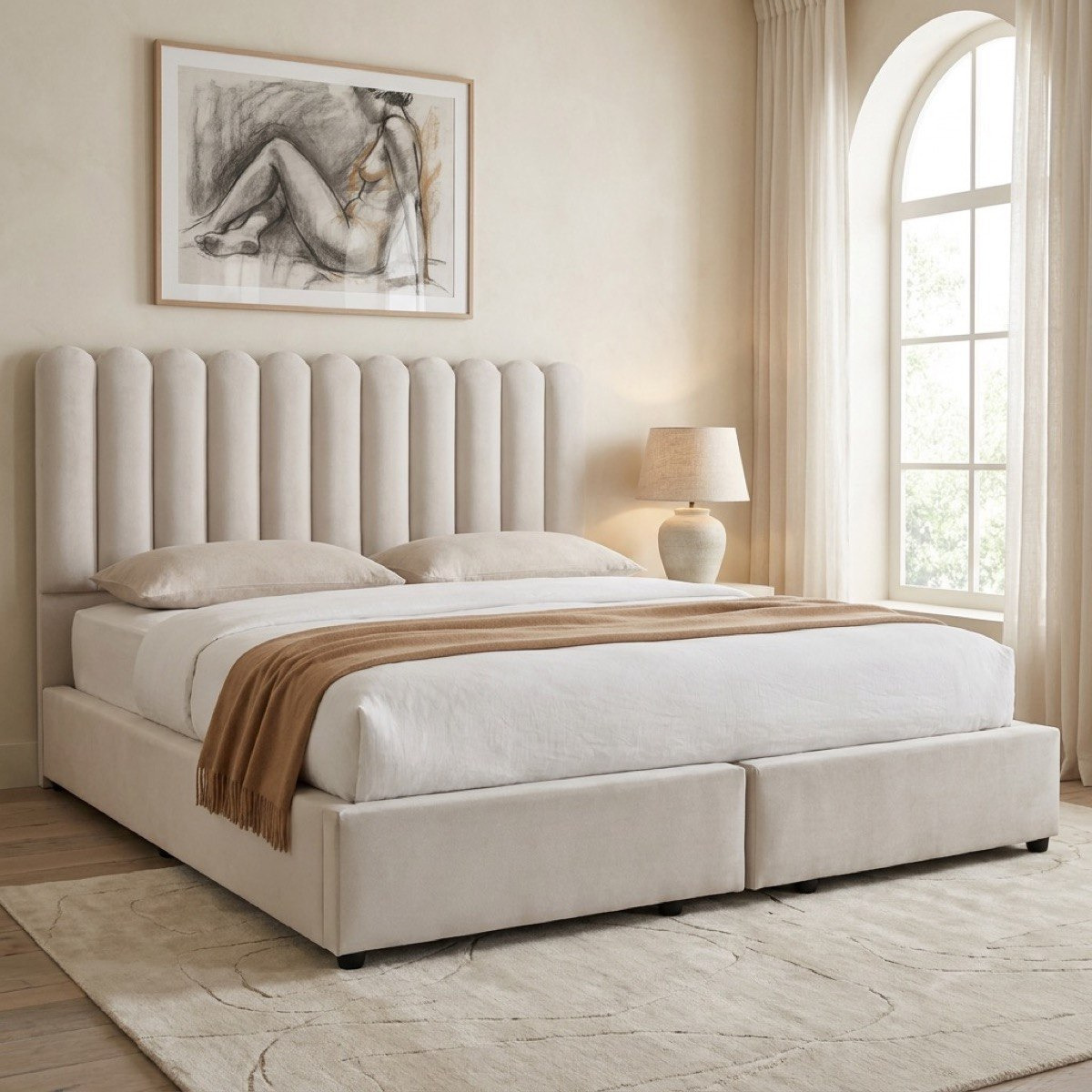 Movo Curvy Brooks Upholstered Queen Bed - 160x200 cm-hbxbedroom-bedsandbedsets-beds-queen-image-1