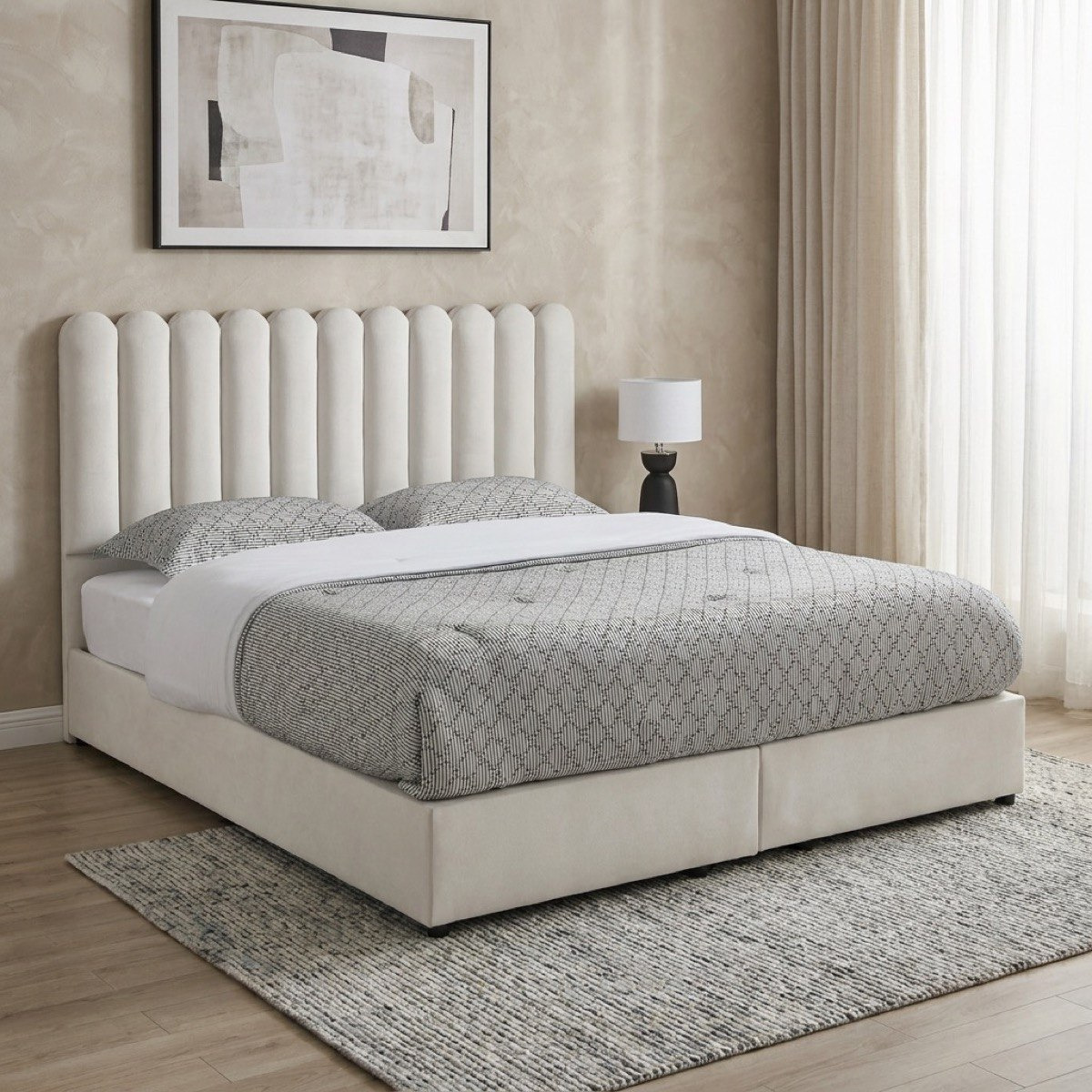 Movo Curvy Brooks Upholstered Queen Bed - 160x200 cm-hbxbedroom-bedsandbedsets-beds-queen-image-1