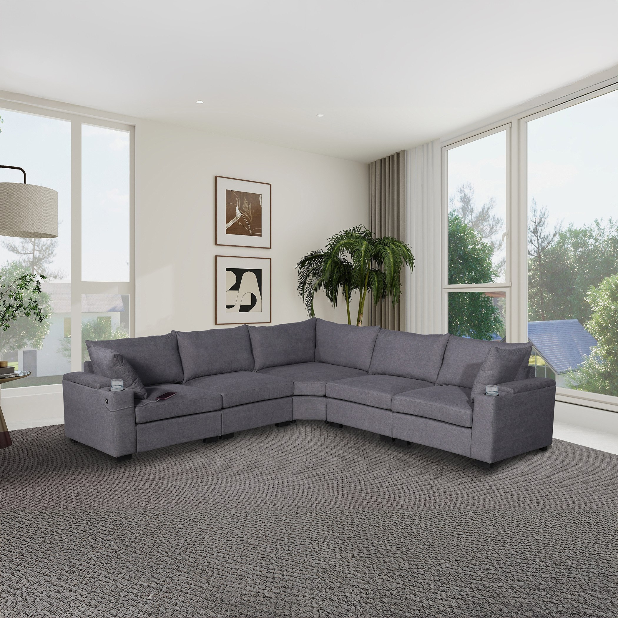 Movo Hillary 4-Seater Sectional Corner 2-Cupholder FabricÂ Sofa with Cushions and USB Port-hbxlivingroom-sofasandarmchairs-sofas-image-1