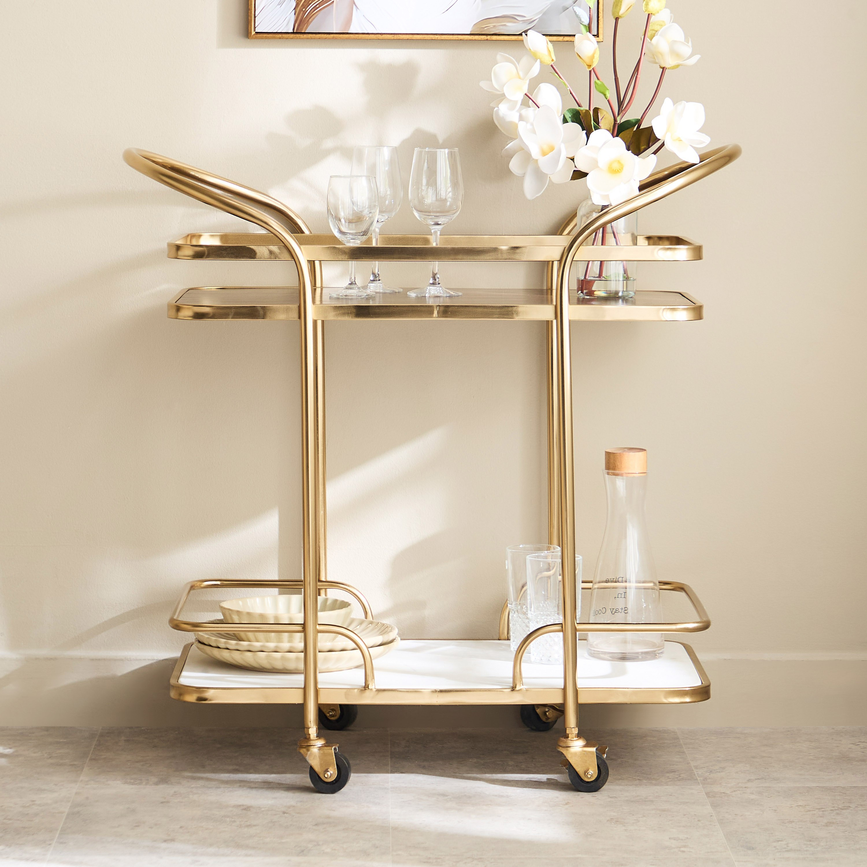 Cavon Steward Solid Wood and Genuine Marble Shelf Serving Trolley-hbxlivingroom-tablesandstands-servingtrolleys-image-2