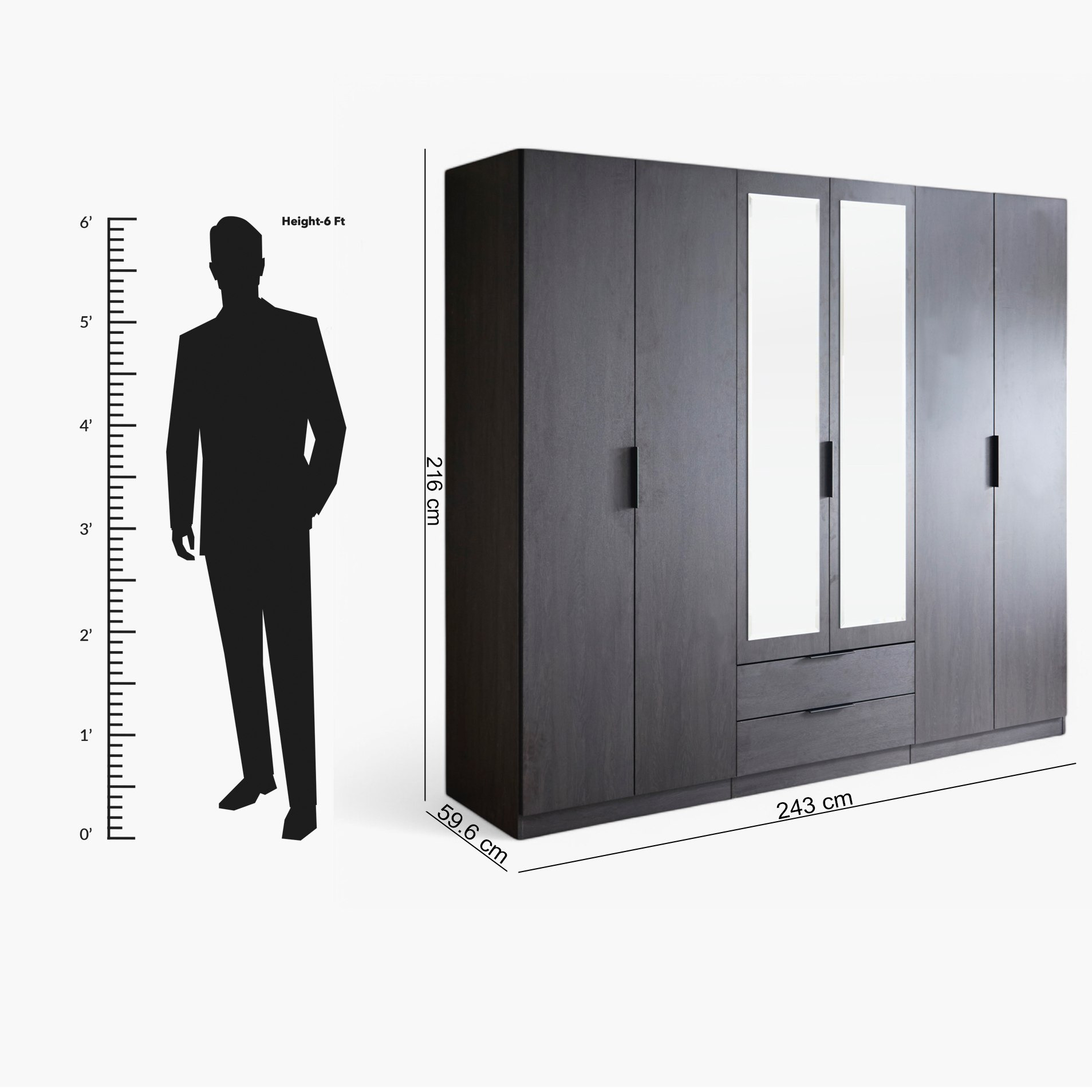 Veneto 6-Door Wardrobe with 2 Drawers and Mirrors-hbxfurniture-wardrobes-image-12