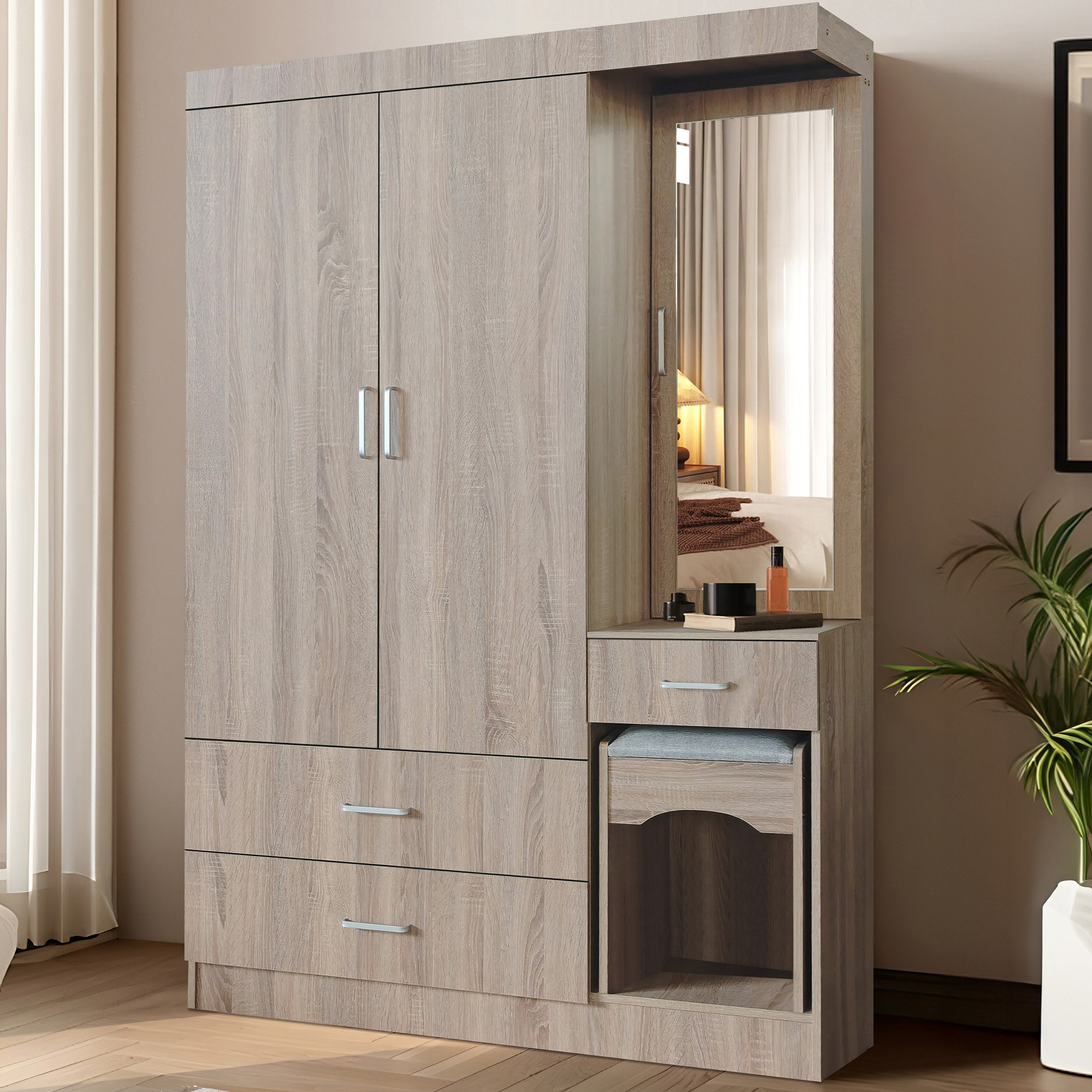 Movo Coda 2-Door 3-Drawer Wardrobe with Mirror and Stool-hbxfurniture-wardrobes-image-1