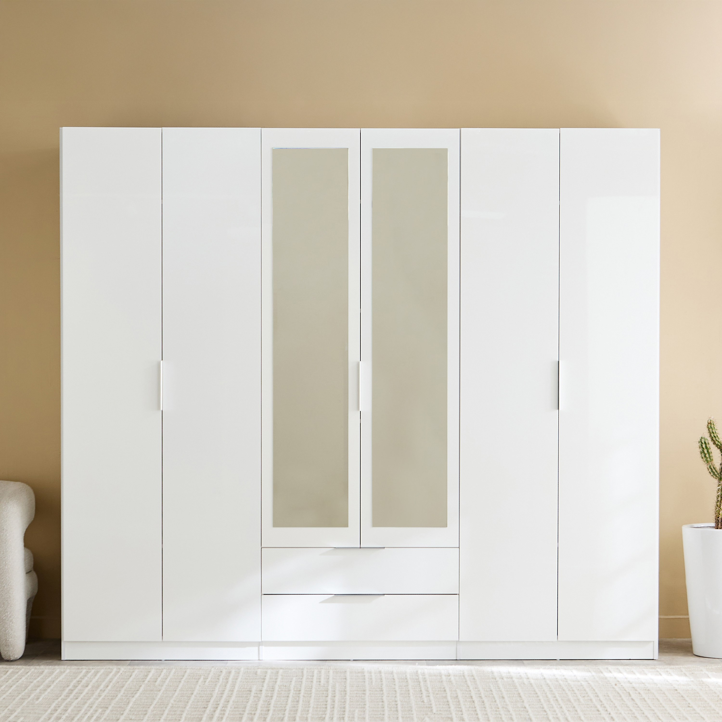 Liberty 6-Door High Gloss Wardrobe with 2 Drawers and Mirror-hbxfurniture-wardrobes-image-2