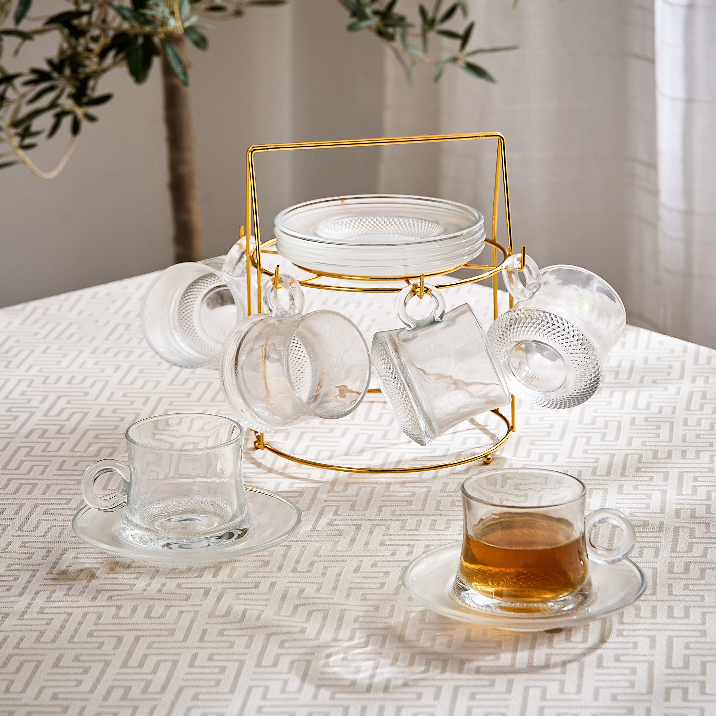 طقم فناجين وصحون قهوة زجاج مع حامل 12 قطعة من أوركيد - 160 مل-hbxhomeware-diningandtabletop-coffeeandteasets-image-1