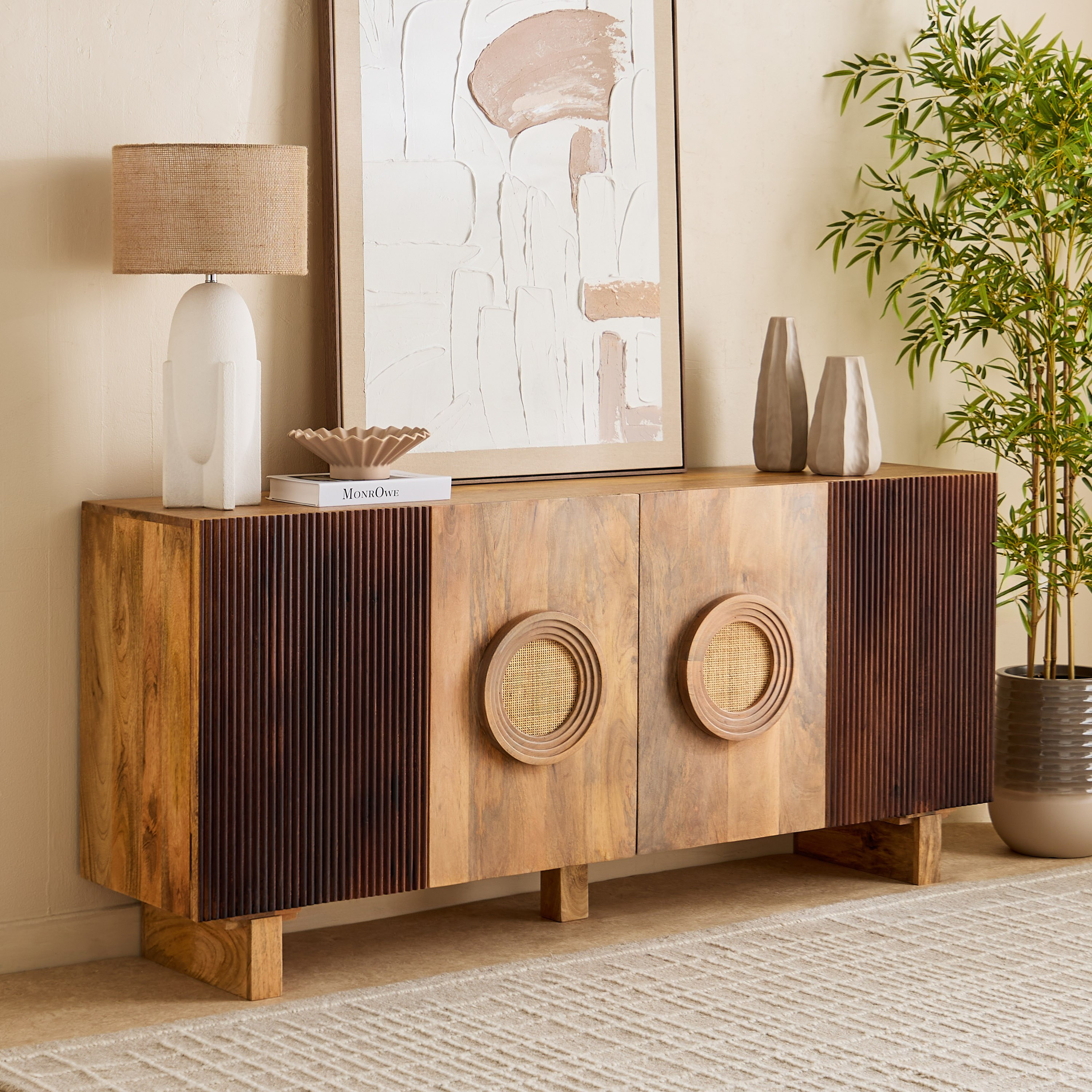 Cavon Fluted Solid Wood 4-Door Sideboard with Rattan-hbxfurniture-diningroom-buffetsandsideboards-image-1