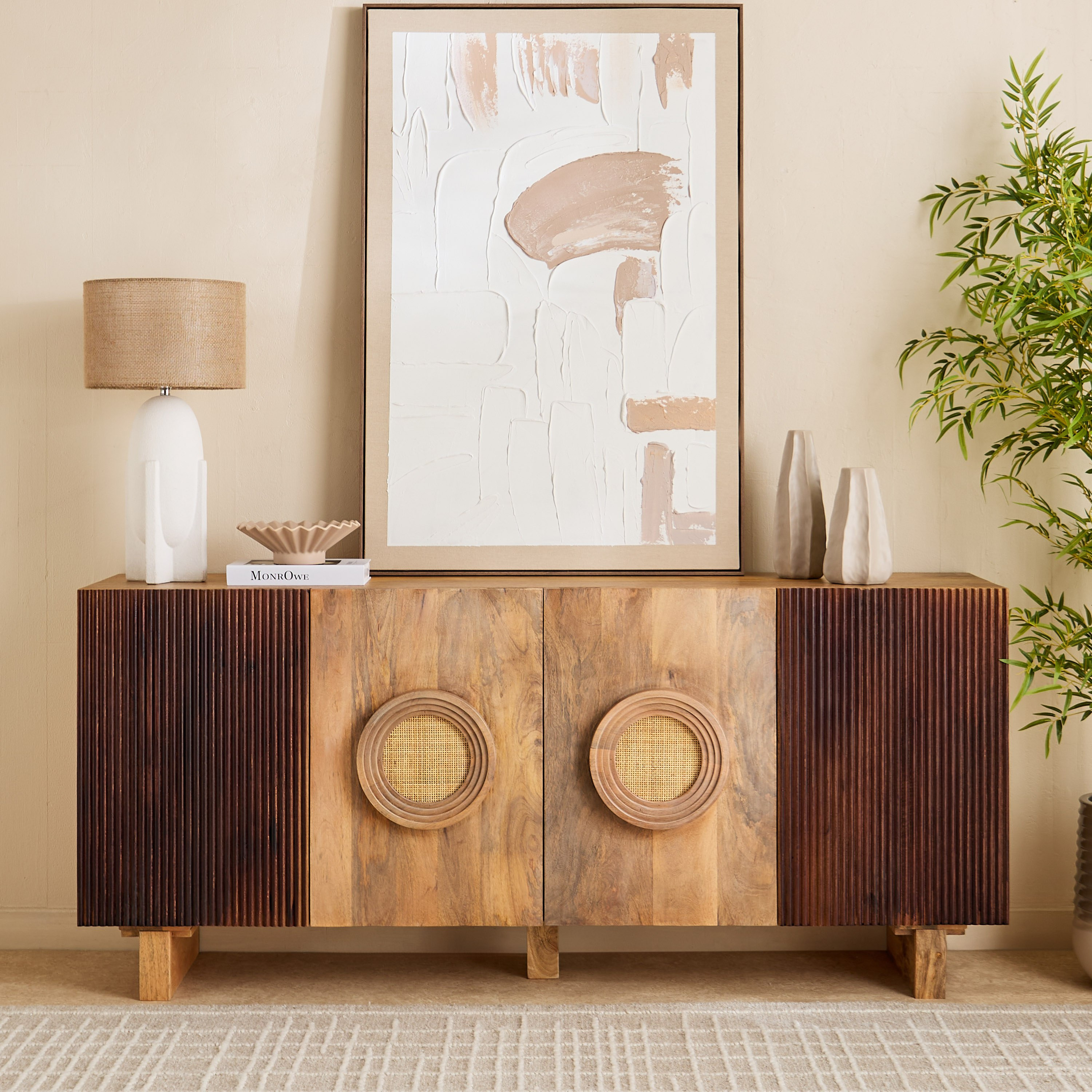 Cavon Fluted Solid Wood 4-Door Sideboard with Rattan-hbxfurniture-diningroom-buffetsandsideboards-image-2