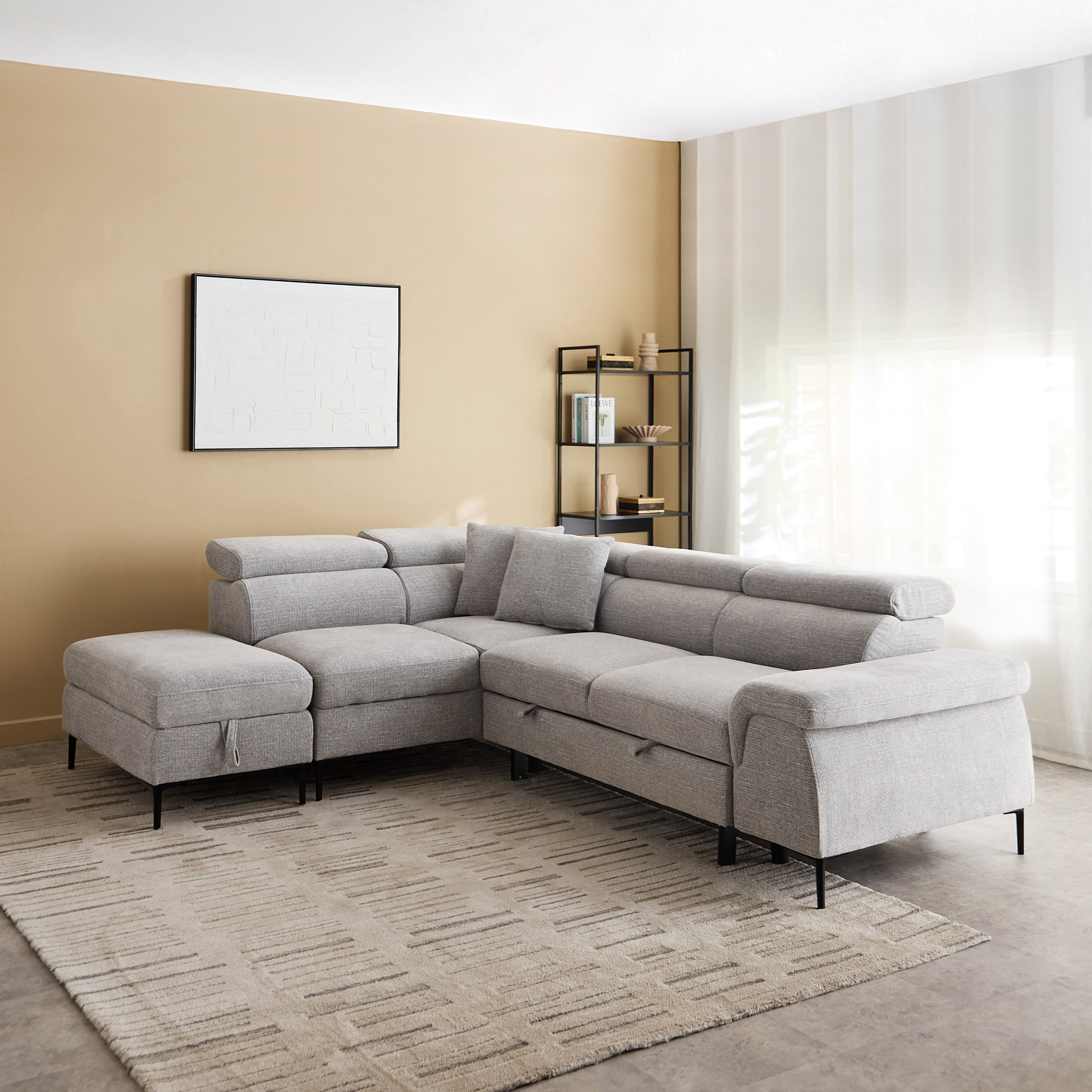 كنبة سرير ركنية يسار 5 مقاعد قماش ووسادتين ومقعد بوحدة تخزين - بافيا-hbxfurniture-sofasandarmchairs-sofabeds-image-1