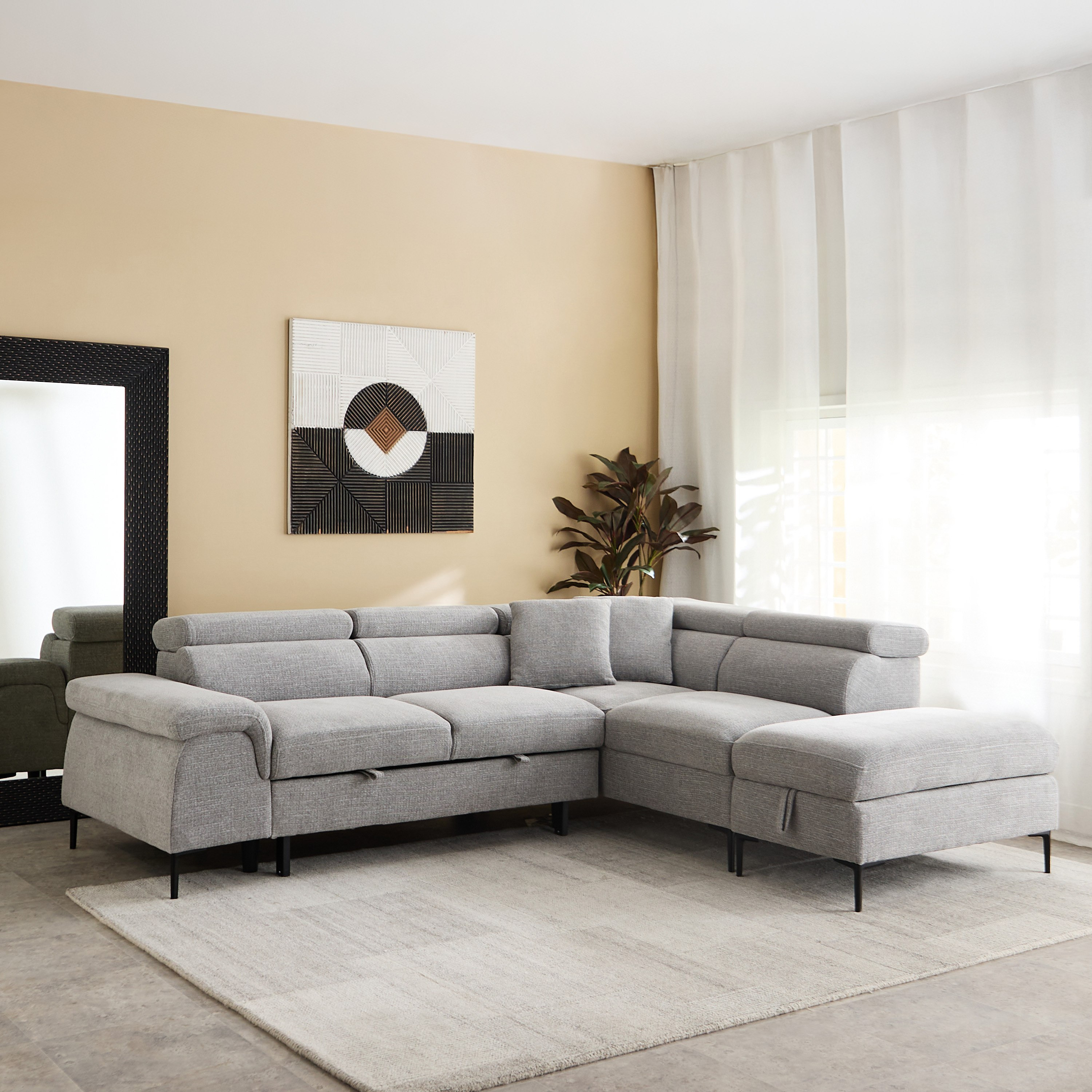 كنبة سرير ركنية يمين 5 مقاعد قماش ووسادتين ومقعد بوحدة تخزين - بافيا-hbxfurniture-sofasandarmchairs-sofabeds-image-1
