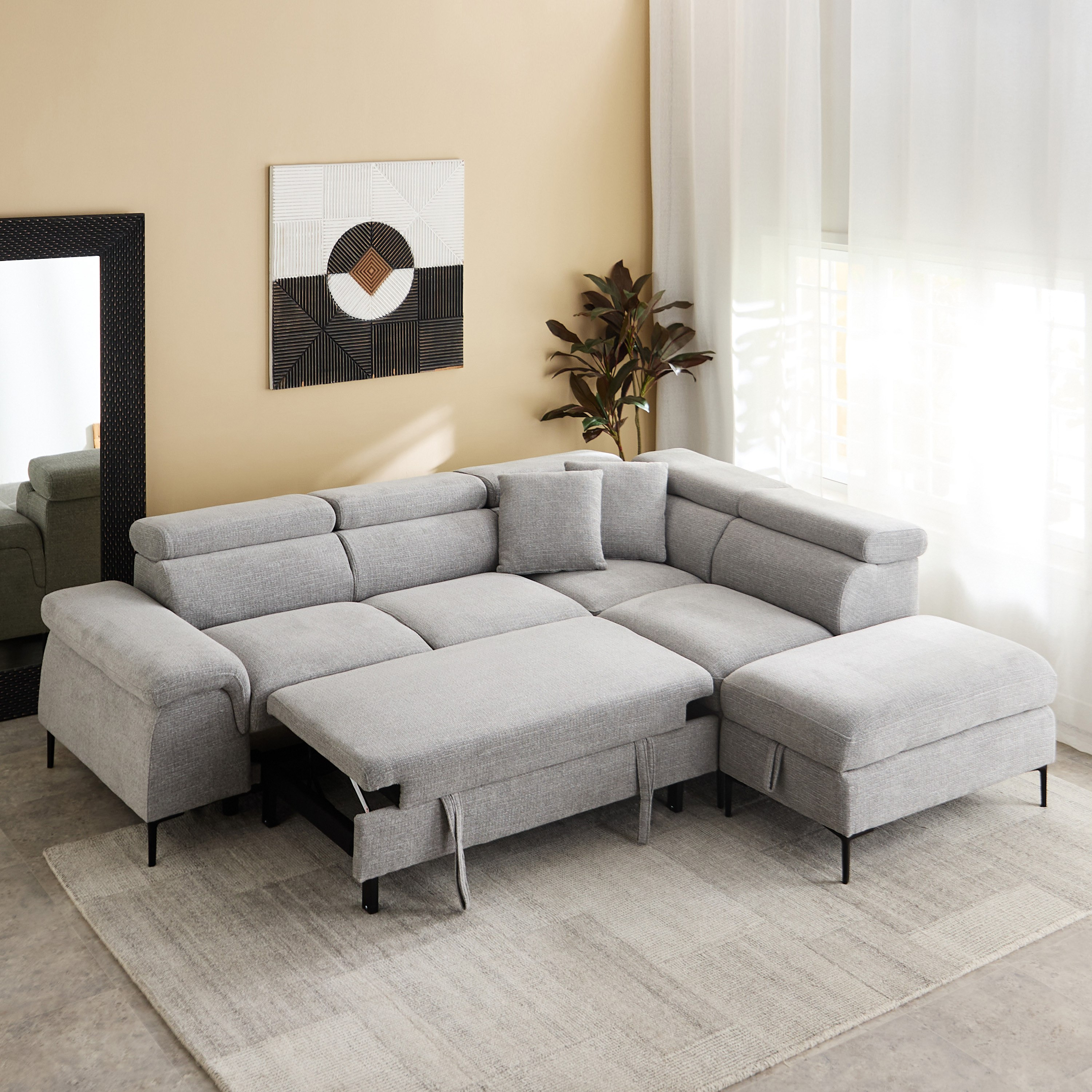كنبة سرير ركنية يمين 5 مقاعد قماش ووسادتين ومقعد بوحدة تخزين - بافيا-hbxfurniture-sofasandarmchairs-sofabeds-image-2