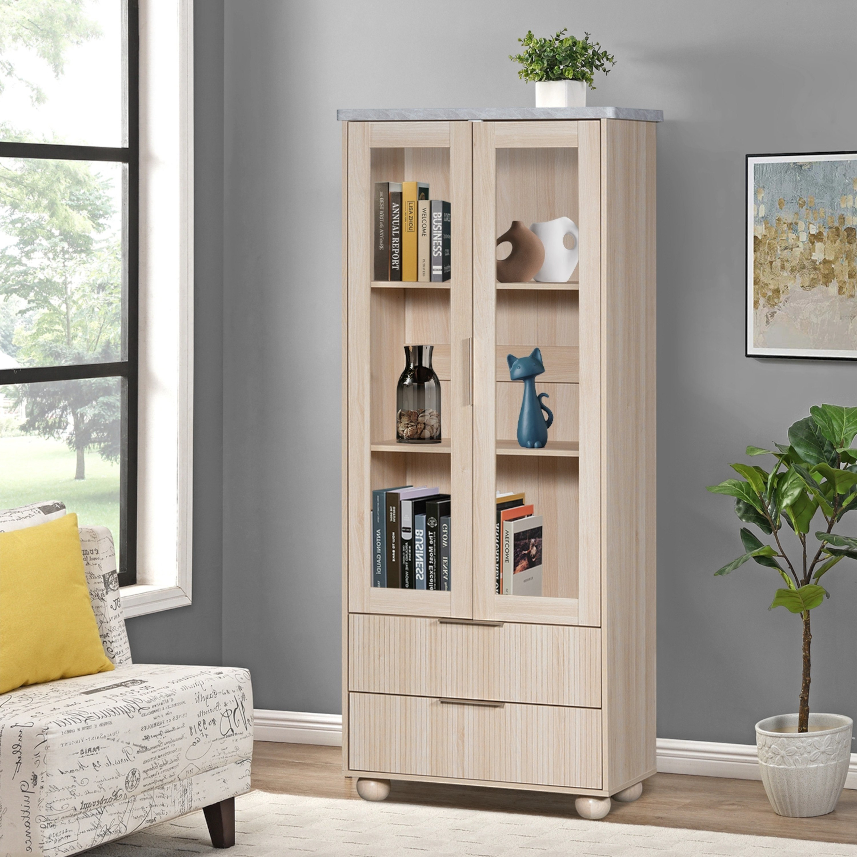 Island Display Cabinet Bookcase with 2 Drawers-hbxfurniture-office-bookcases-image-1