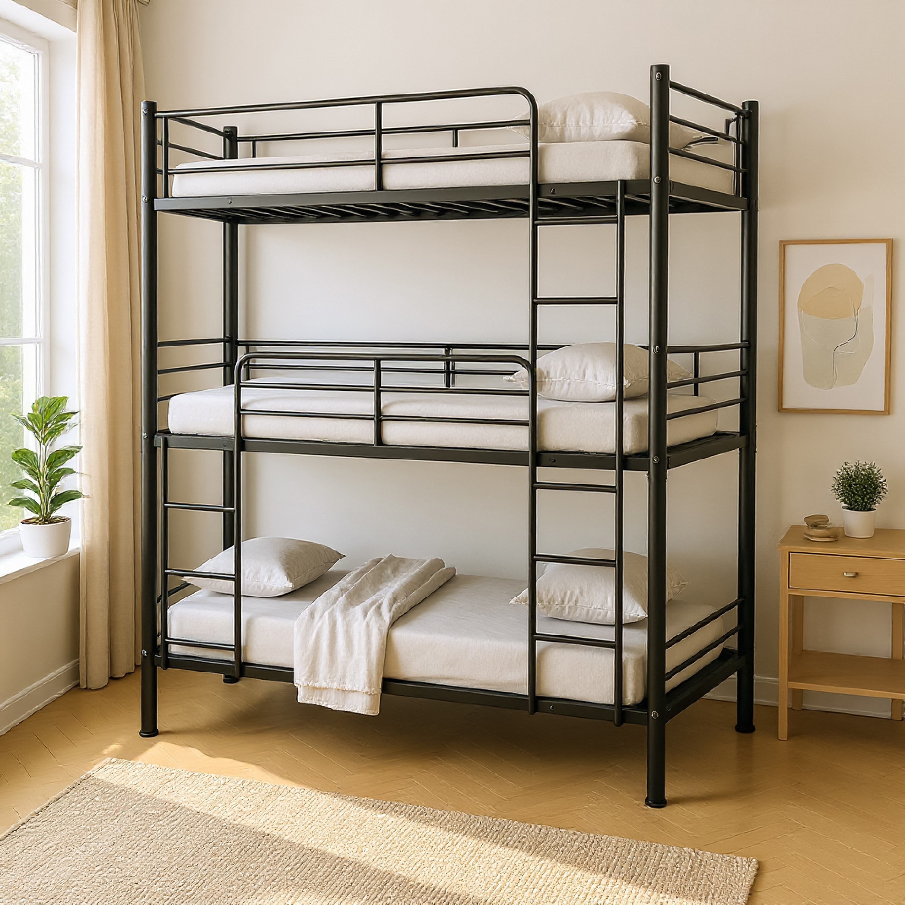 Movo Coda Triple Bunk Metal Single Bed With Ladder - 90x200 cm-hbxkidsandyouth-bedsandbedsets-bunkbeds-single-image-2