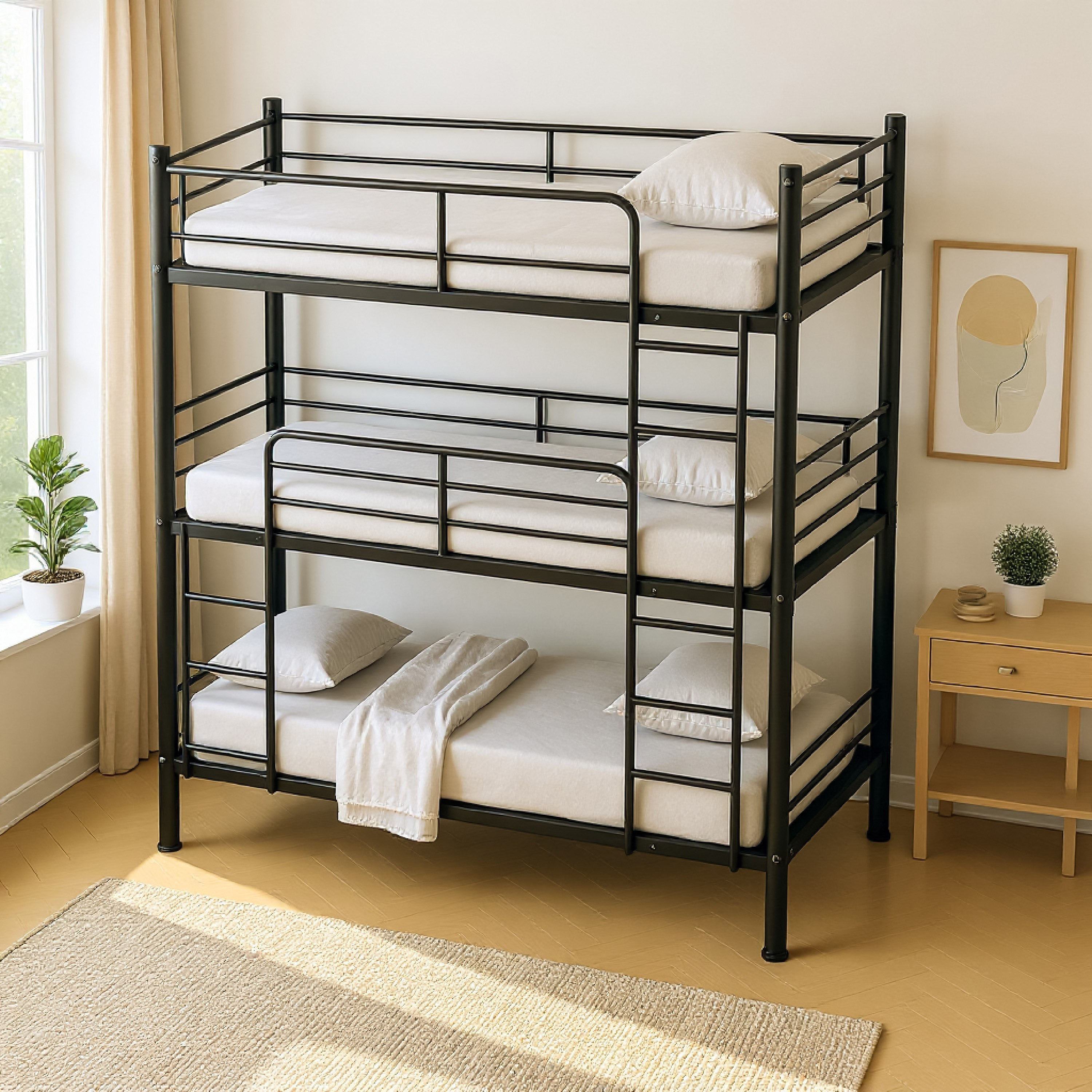 Movo Coda Triple Bunk Metal Single Bed With Ladder - 90x200 cm-hbxkidsandyouth-bedsandbedsets-bunkbeds-single-image-3